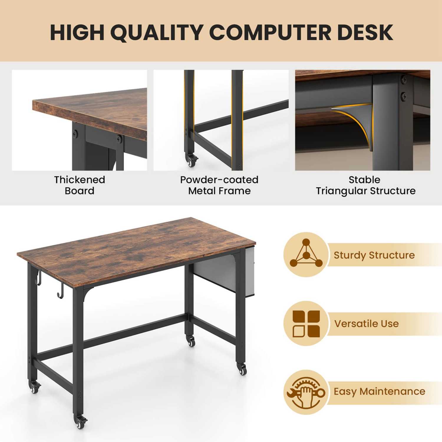 Costway 2 PCS Rolling Computer Desk Metal Frame PC Laptop Table Wood Top Study Workstation