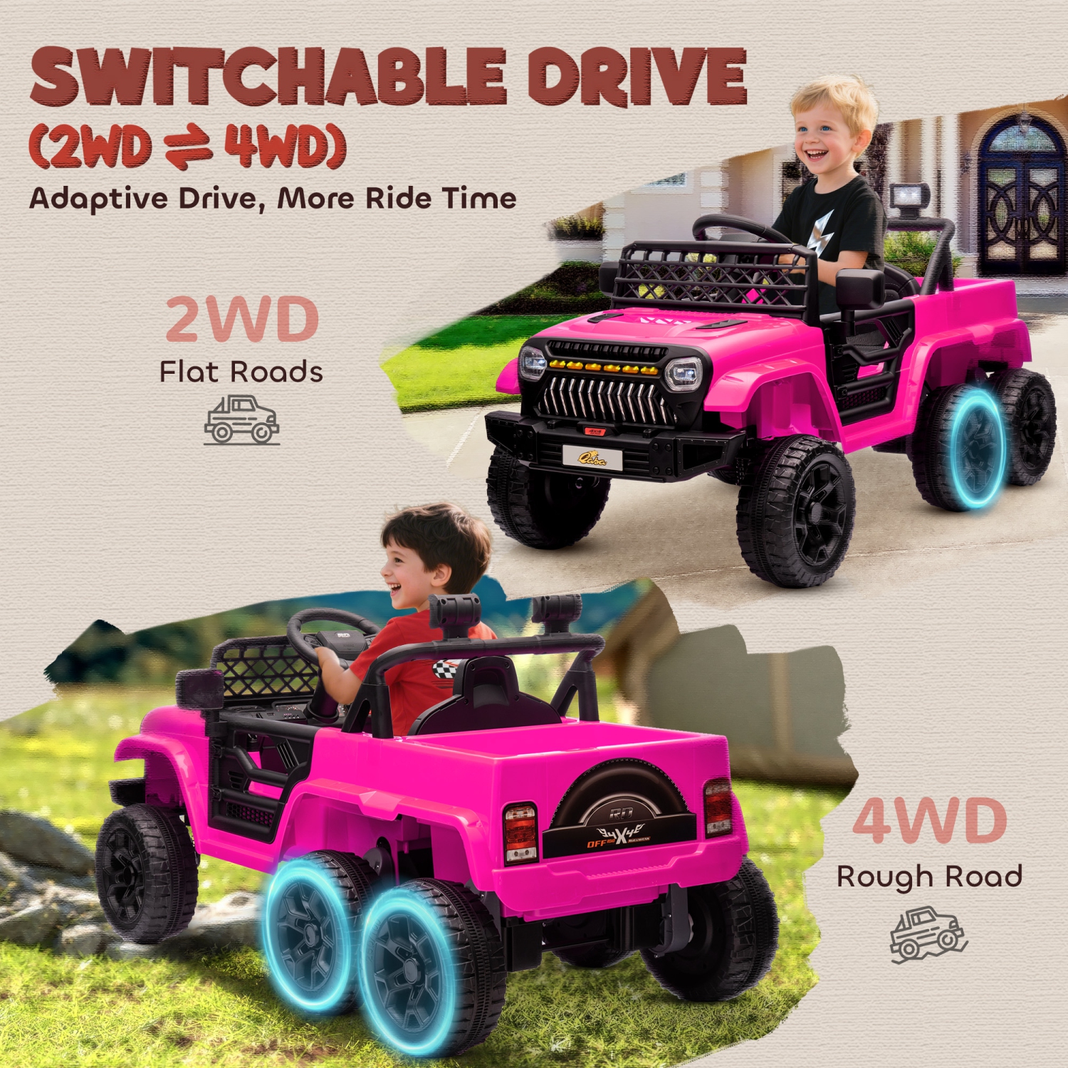 Qaba 12V 7AH Electric Car for Kids, 4WD/2WD Ride on Car w/ Remote Control, Spring Suspensions, Back Trailer, Battery Display, Light Music Soft Start,