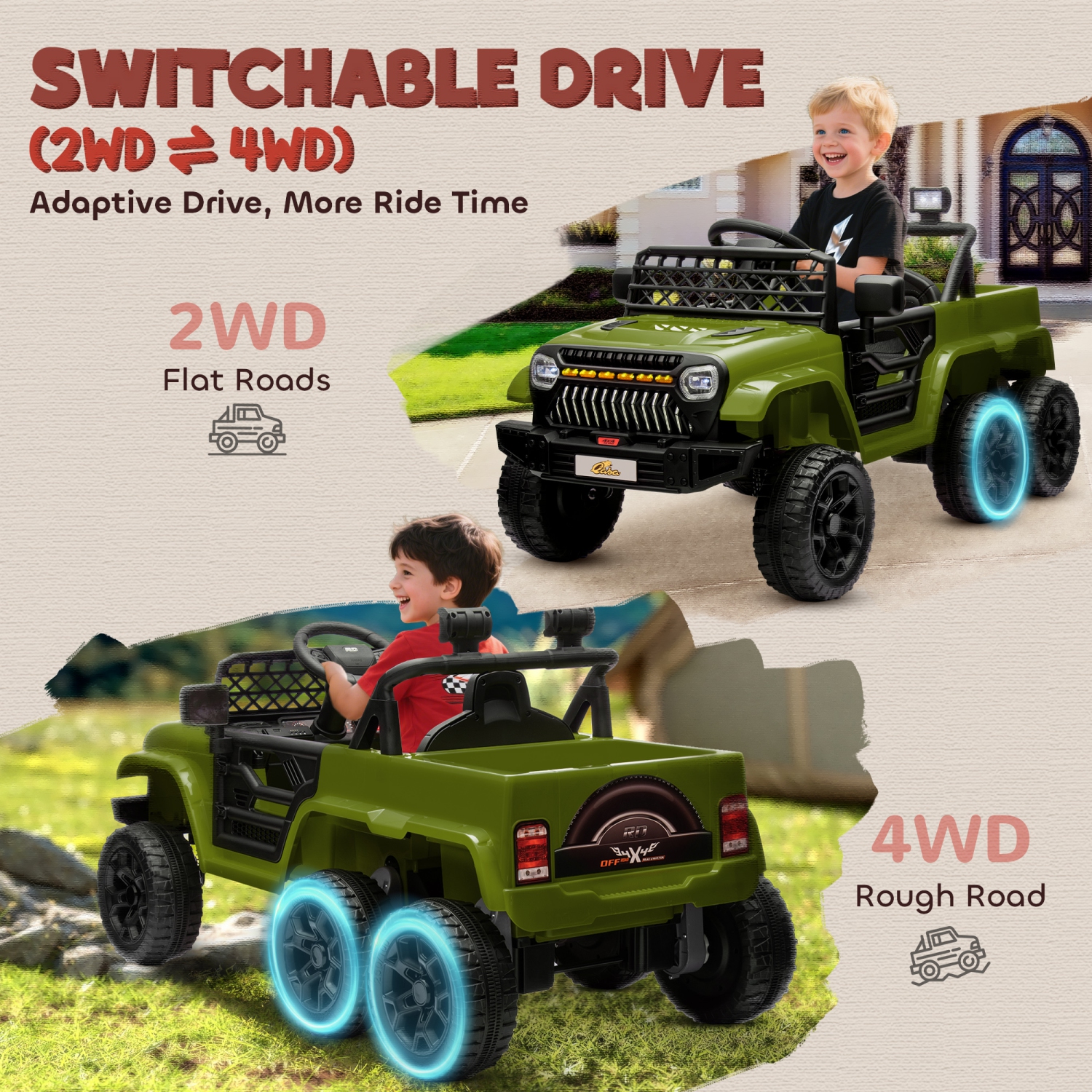 Qaba 12V 7AH Electric Car for Kids, 4WD/2WD Ride on Car w/ Remote Control, Spring Suspensions, Back Trailer, Battery Display, Light Music Soft Start,