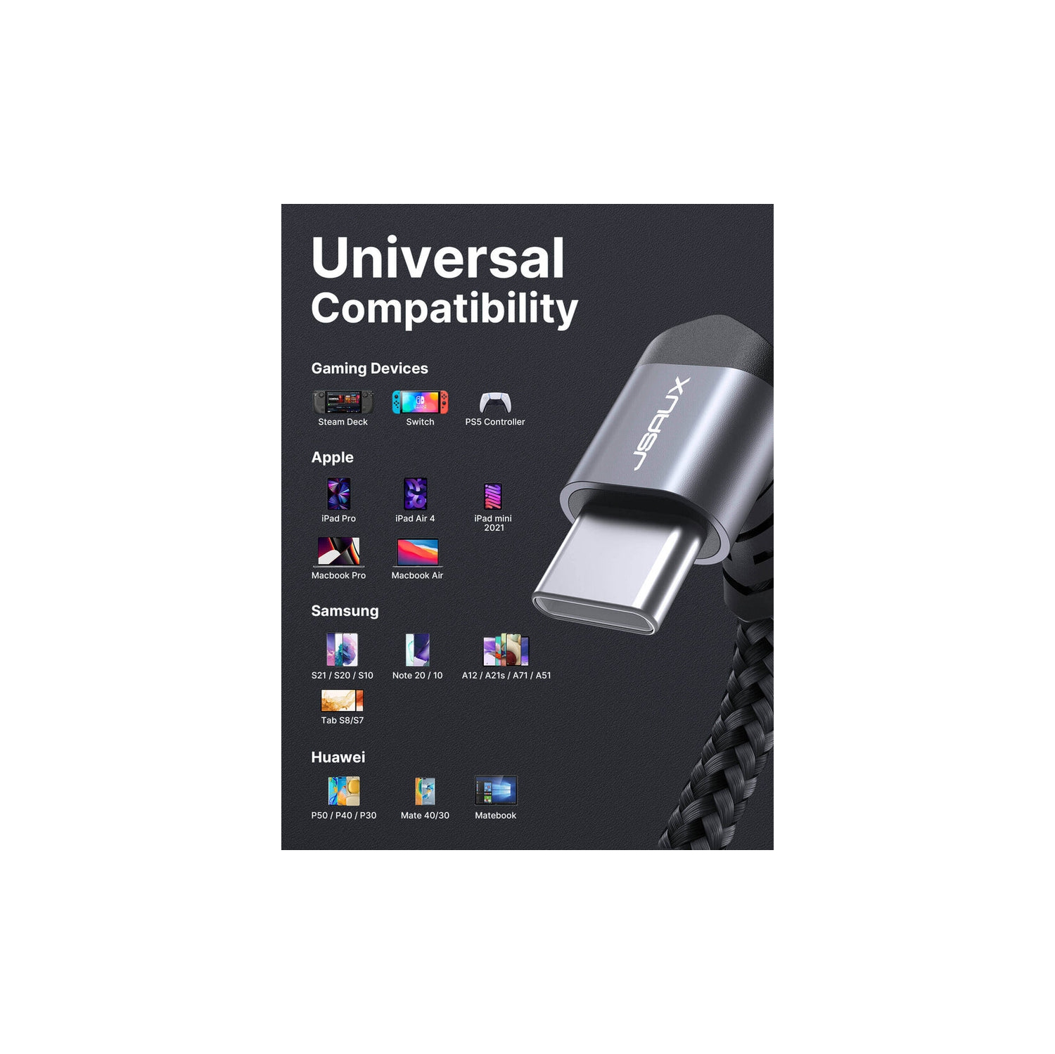 JSAUX 90 Degree USB C to USB C Cable 10FT, 60W Right Angle Type C PD Fast Charge Cord Specially Designed for Games, Compatible with Steam Deck,