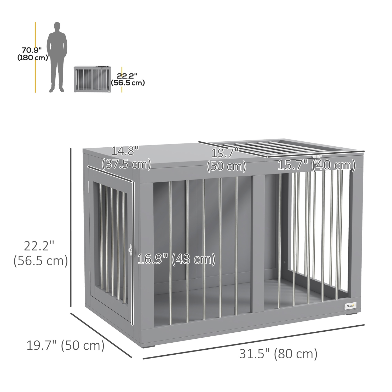 PawHut – Table d'appoint avec deux portes pour cage de chien, 31,5&nbsp;po, pour chiens de race moyenne, gris