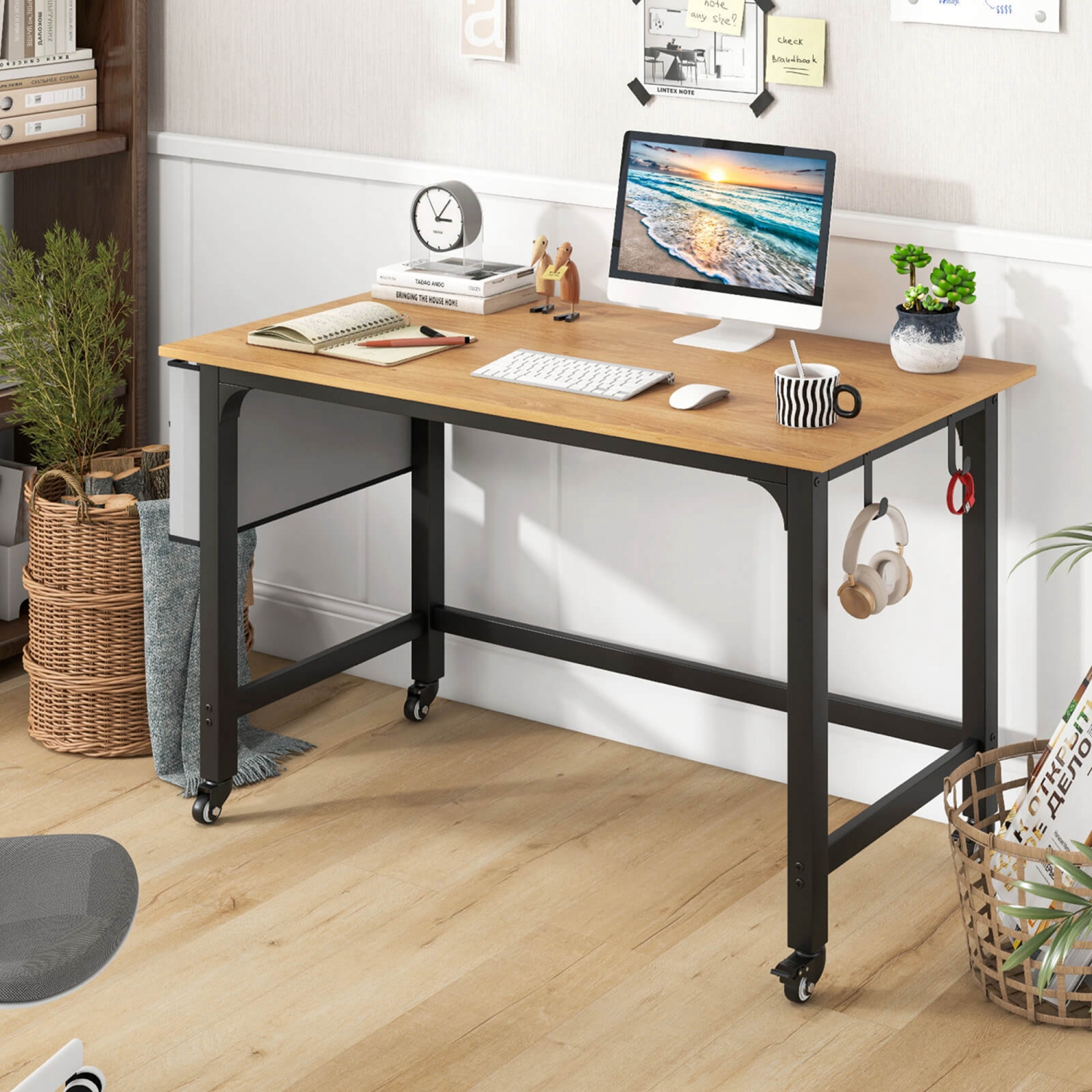 Costway 2 PCS Rolling Computer Desk Metal Frame PC Laptop Table Wood Top Study Workstation