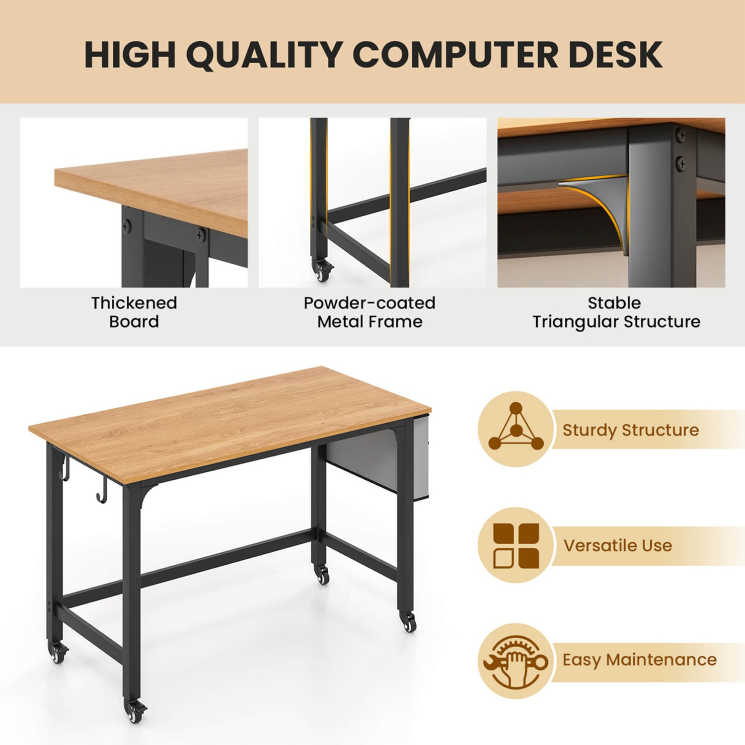 Costway 2 PCS Rolling Computer Desk Metal Frame PC Laptop Table Wood Top Study Workstation