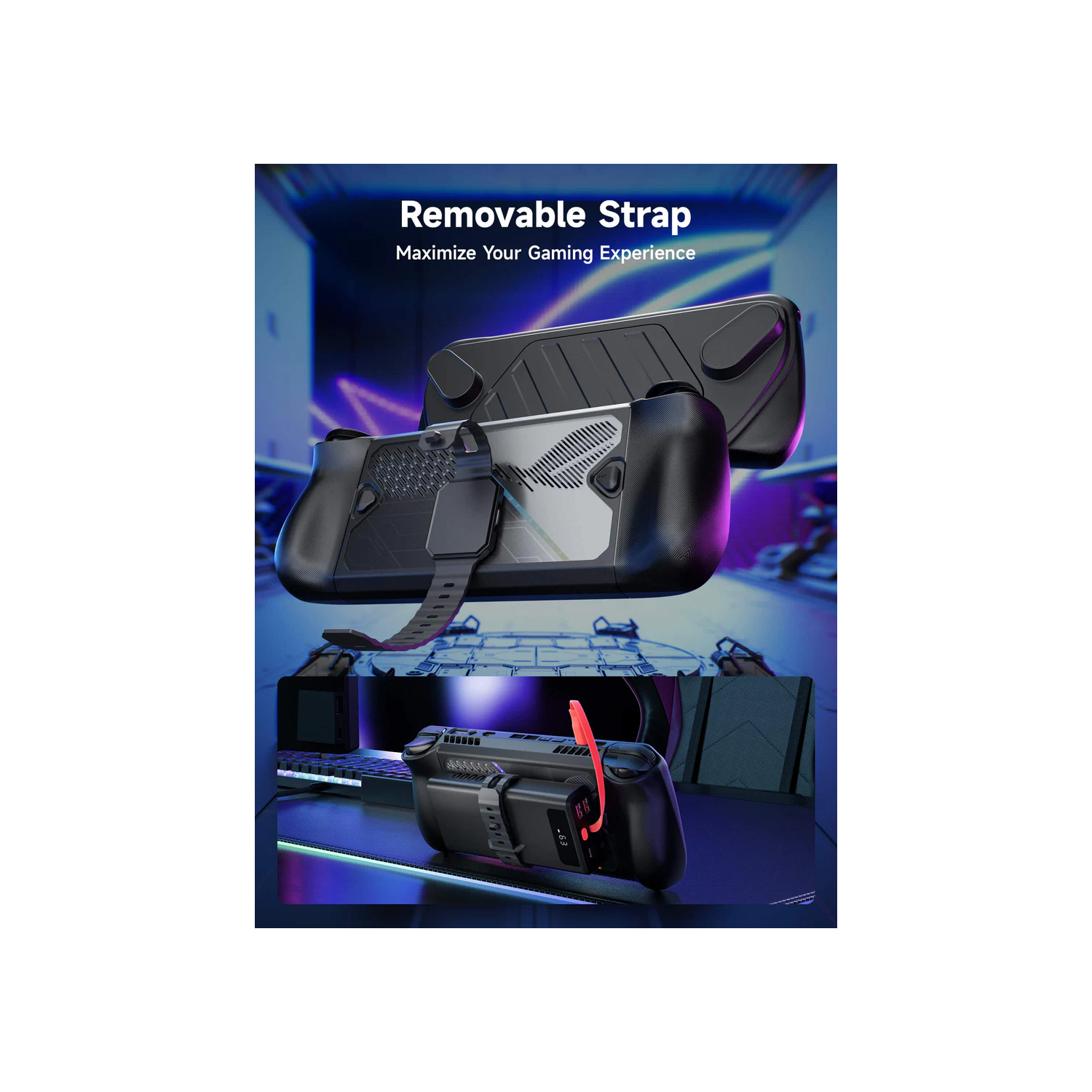 JSAUX ModCase for ROG Ally X with Detachable Front Shell, Protective Case, Metal Bracket and Strap Compatible with ASUS ROG Ally X （PC0111) - Black