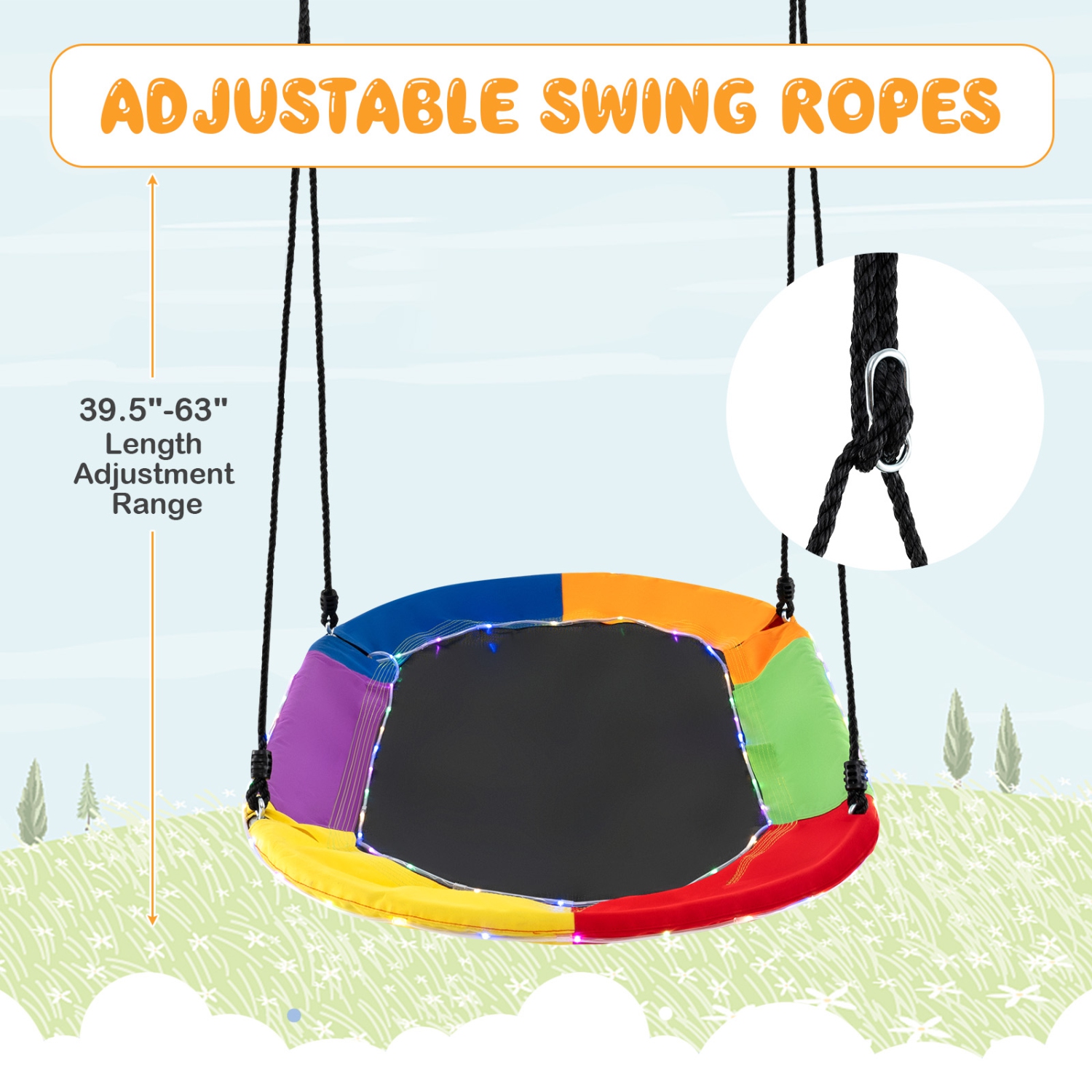 Costway 60" Saucer Swing with LED Lights 700 LBS Platform Tree Swing with Adjustable Ropes