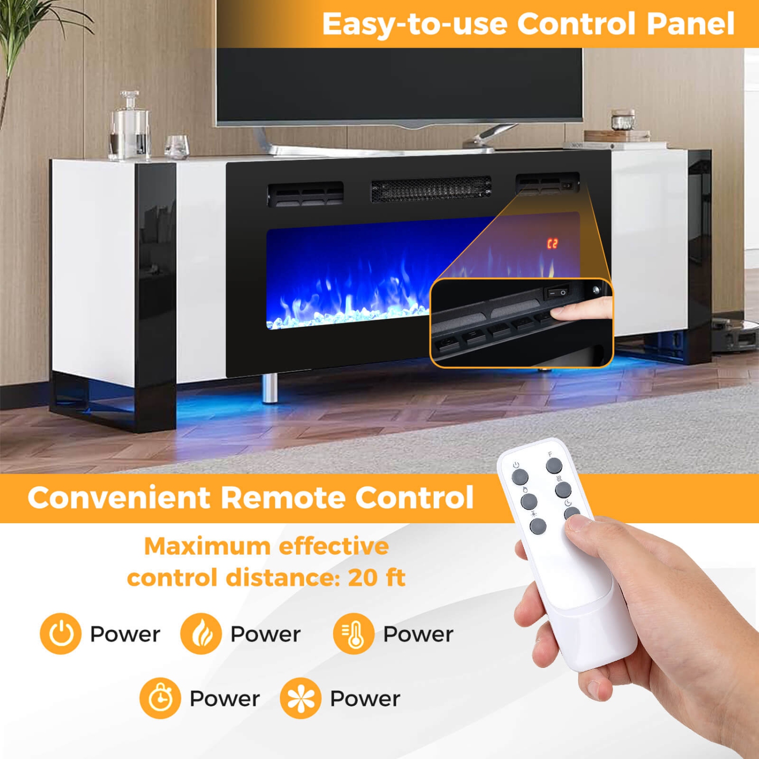 Foyer électrique 5.000 BTU de 36 po avec bandes lumineuses DEL de Costway - pierres à cristal longue distance