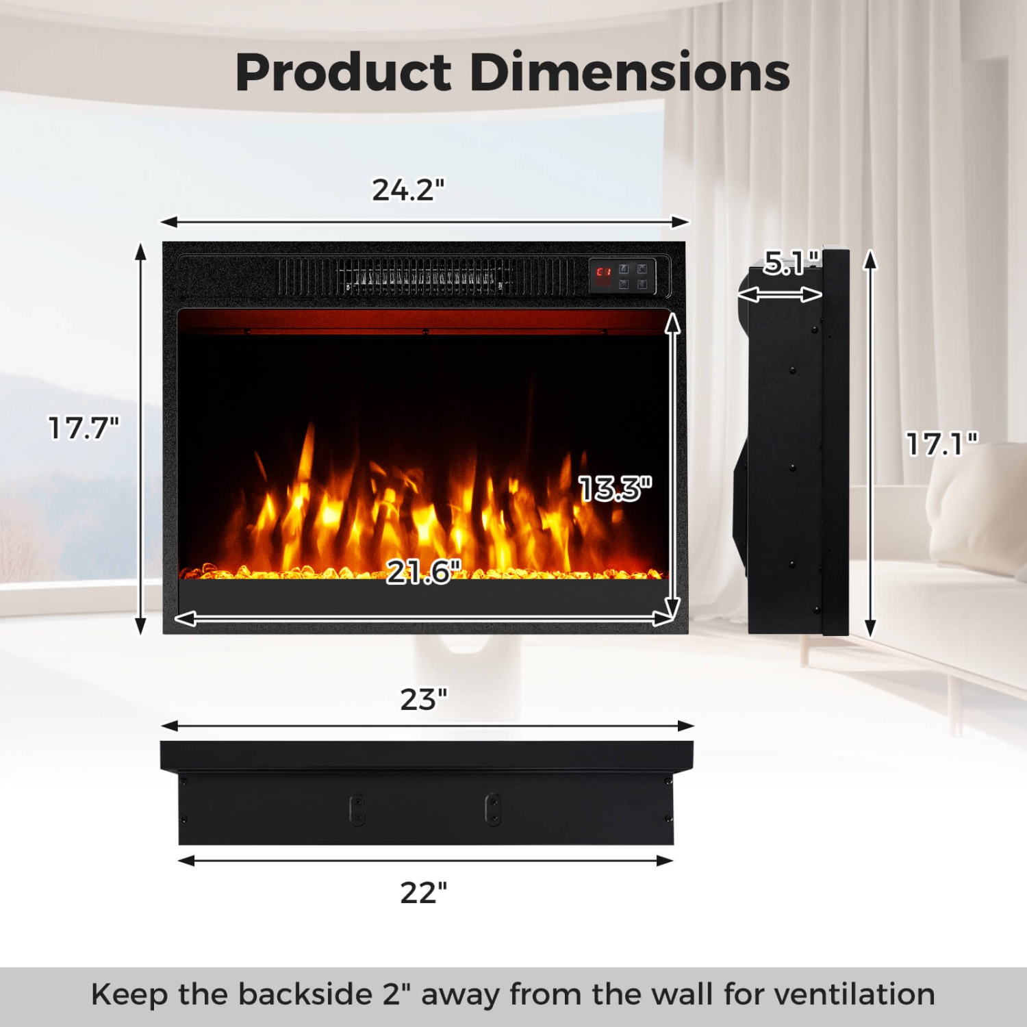 Costway 23" 750 with 1500W 50,000 BTU Electric Fireplace Insert with Remote Control Timer
