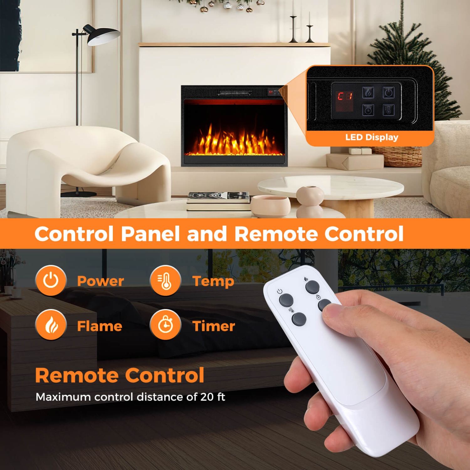 Costway 23" 750 with 1500W 50,000 BTU Electric Fireplace Insert with Remote Control Timer