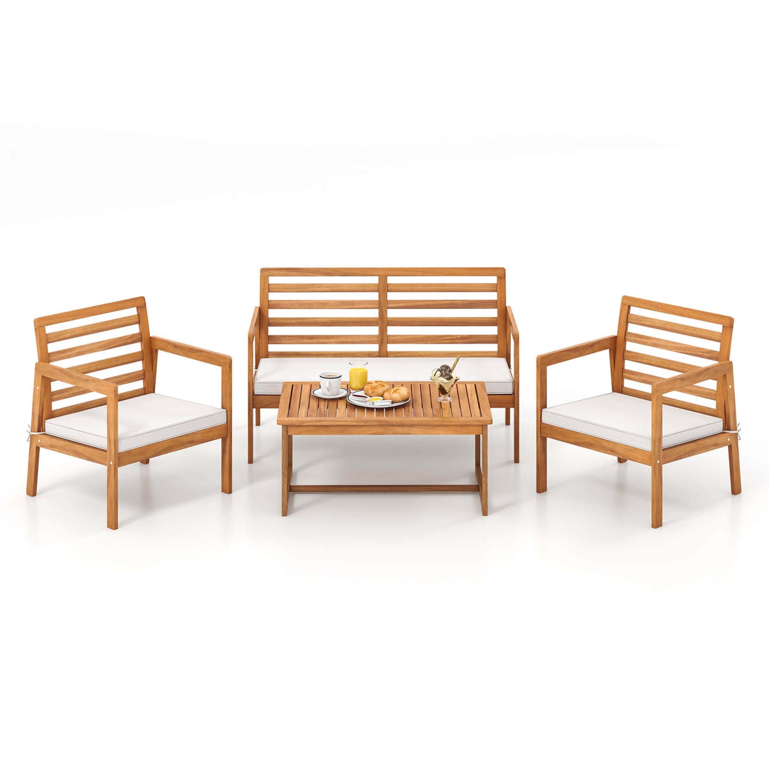 Costway 4 PCS Wood Patio Furniture Set with Soft Seat Cushions Solid Acacia Wood Frame