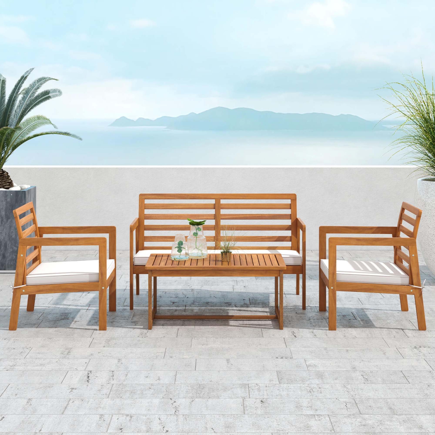 Costway 4 PCS Wood Patio Furniture Set with Soft Seat Cushions Solid Acacia Wood Frame