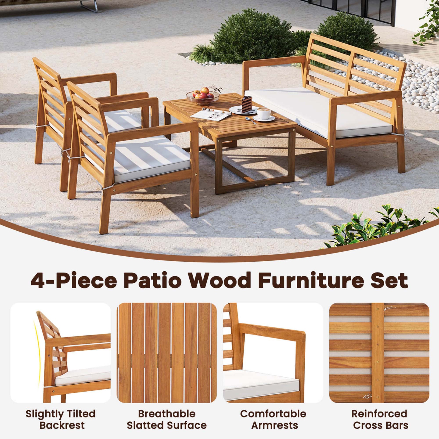 Costway 4 PCS Wood Patio Furniture Set with Soft Seat Cushions Solid Acacia Wood Frame