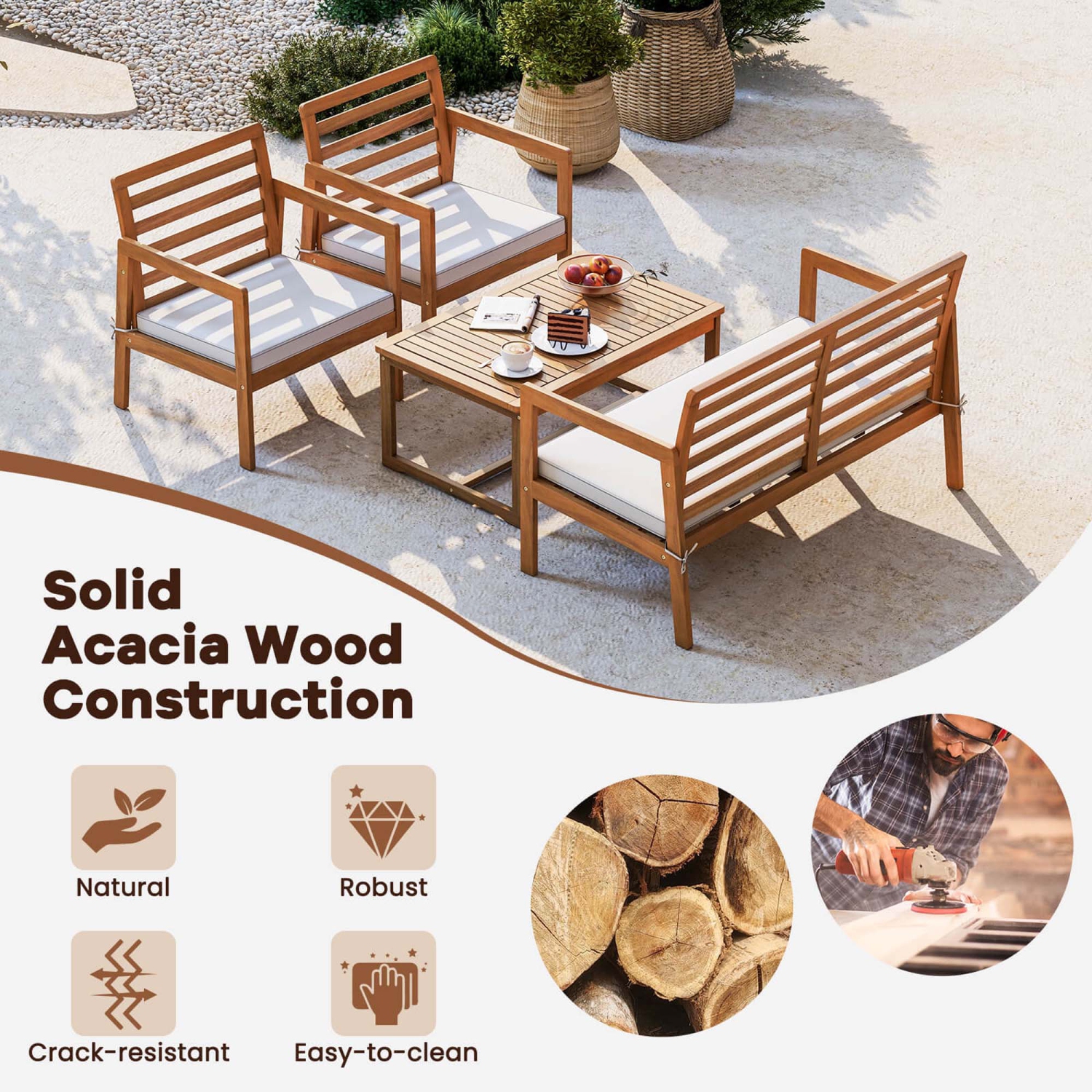 Costway 4 PCS Wood Patio Furniture Set with Soft Seat Cushions Solid Acacia Wood Frame