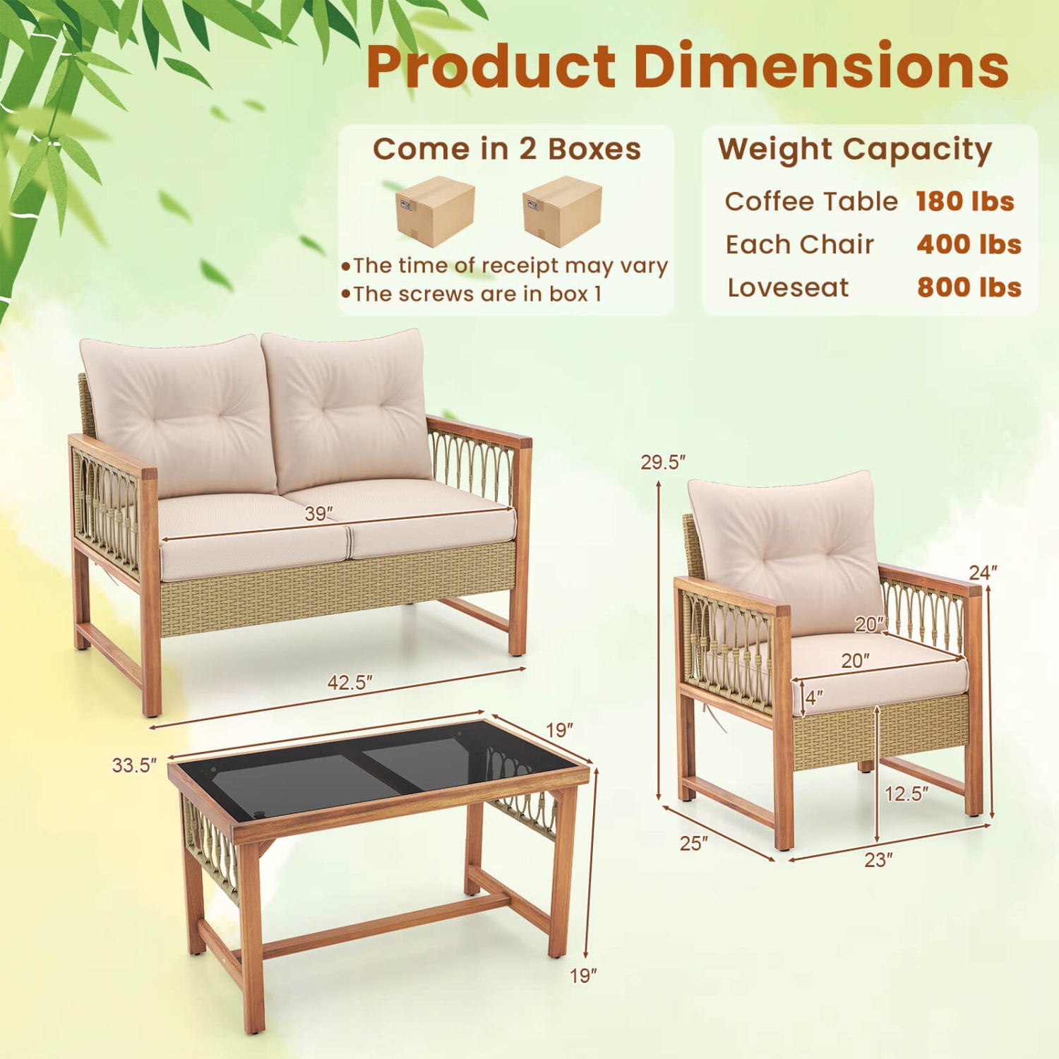 Ensemble de meubles de patio 4 pièces de Costway avec coussins de cadre en bois d'acacia et table basse