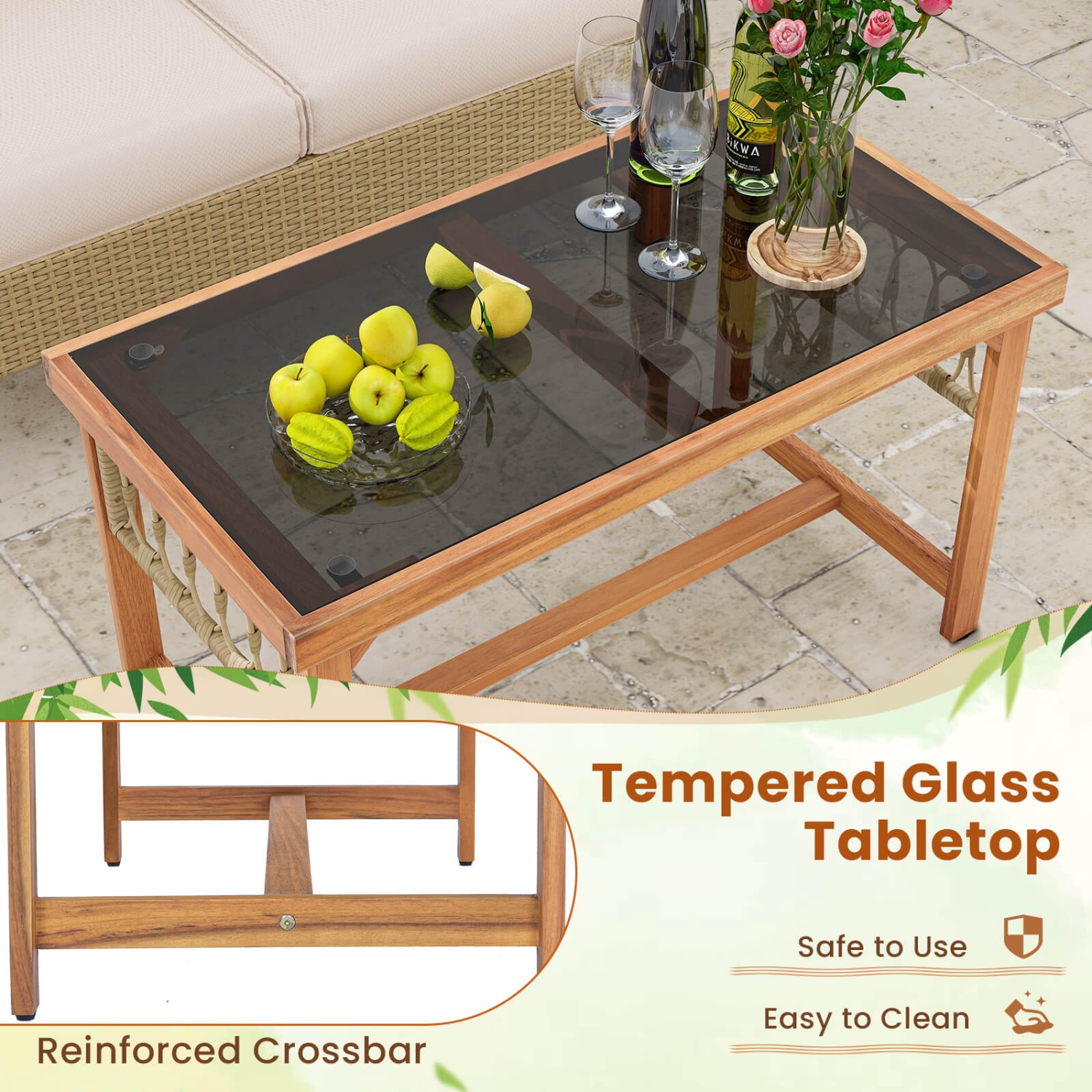 Ensemble de meubles de patio 4 pièces de Costway avec coussins de cadre en bois d'acacia et table basse