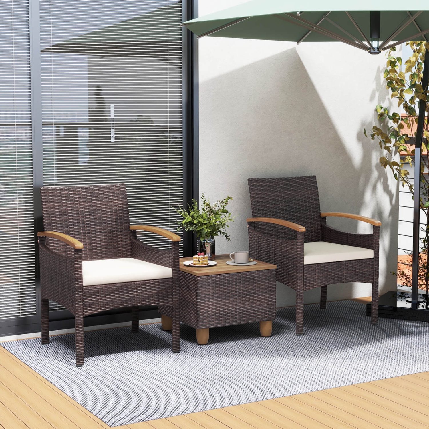 Costway Patio Dining Chairs Set of 4 with Acacia Wood Armrest Heavy Duty Metal Frame