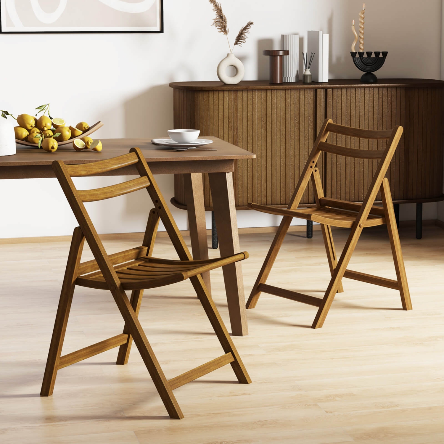 Costway Folding Dining Chair Set of 2 with Rubber Wood Frame Slatted Seat Curved Backrest