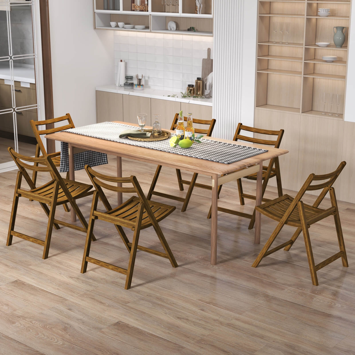 Ensemble de 4 chaises de salle à manger pliantes avec cadre en caoutchouc pour siège à lattes et dossier incurvé