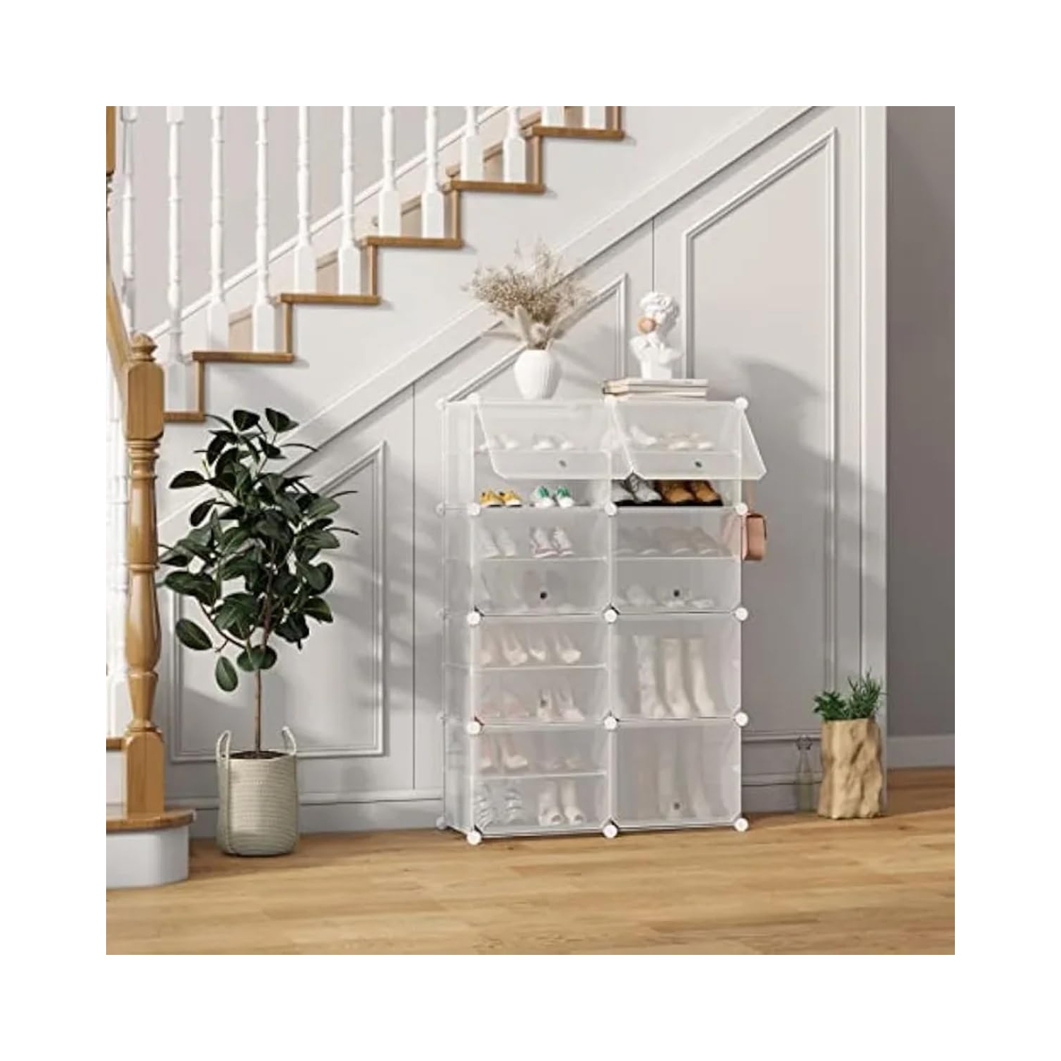 32 Pair Shoe Storage Cabinet with Door Expandable Plastic Shoe Organizer