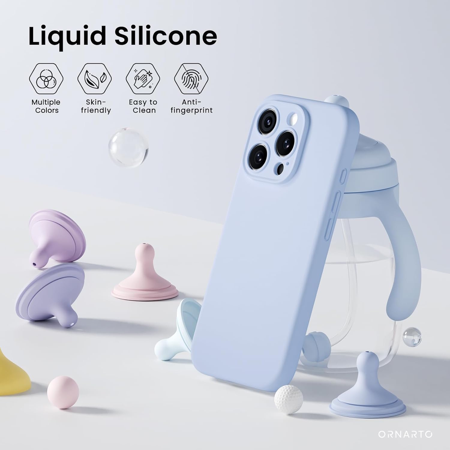 ORNARTO – compatible avec l’étui iPhone 16 Pro avec 2 protecteurs d’écran, étui en caoutchouc de silicone liquide antichoc, étui de protection contre