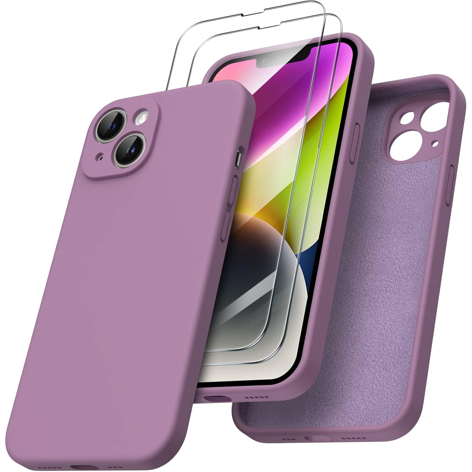 ORNARTO Compatible with iPhone 14 Case, with 2 x Screen Protector Liquid Silicone Gel Rubber Cover [Full Body] Shockproof Protective Phone Case-Lilac