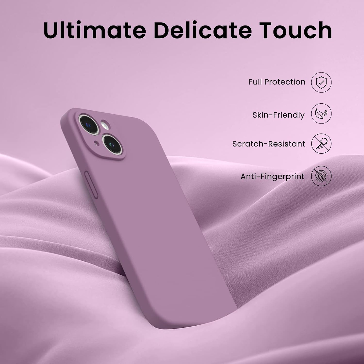 ORNARTO Compatible with iPhone 14 Case, with 2 x Screen Protector Liquid Silicone Gel Rubber Cover [Full Body] Shockproof Protective Phone Case-Lilac