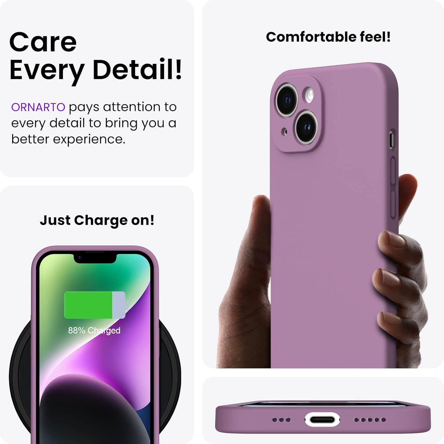 ORNARTO Compatible with iPhone 14 Case, with 2 x Screen Protector Liquid Silicone Gel Rubber Cover [Full Body] Shockproof Protective Phone Case-Lilac
