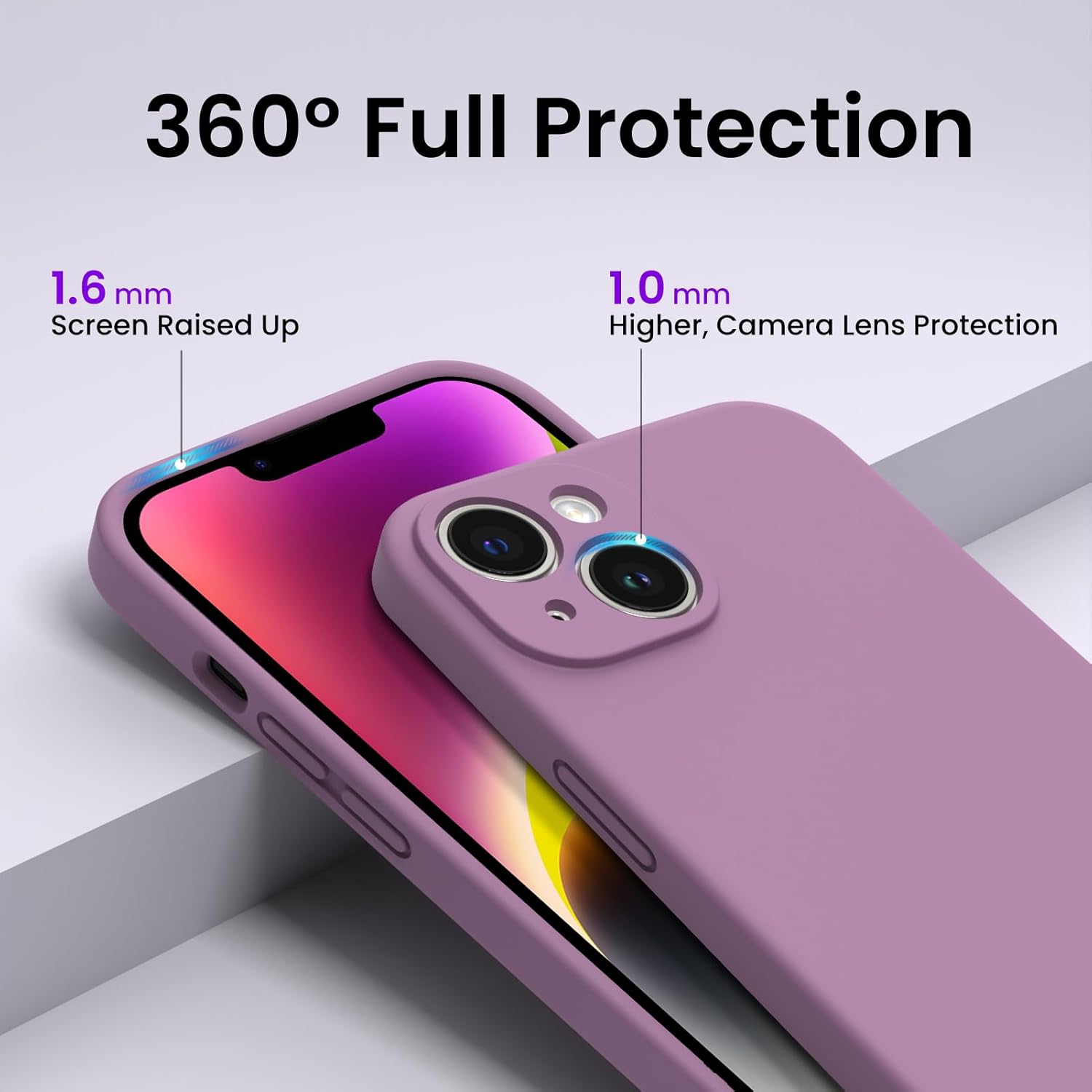 ORNARTO Compatible with iPhone 14 Case, with 2 x Screen Protector Liquid Silicone Gel Rubber Cover [Full Body] Shockproof Protective Phone Case-Lilac