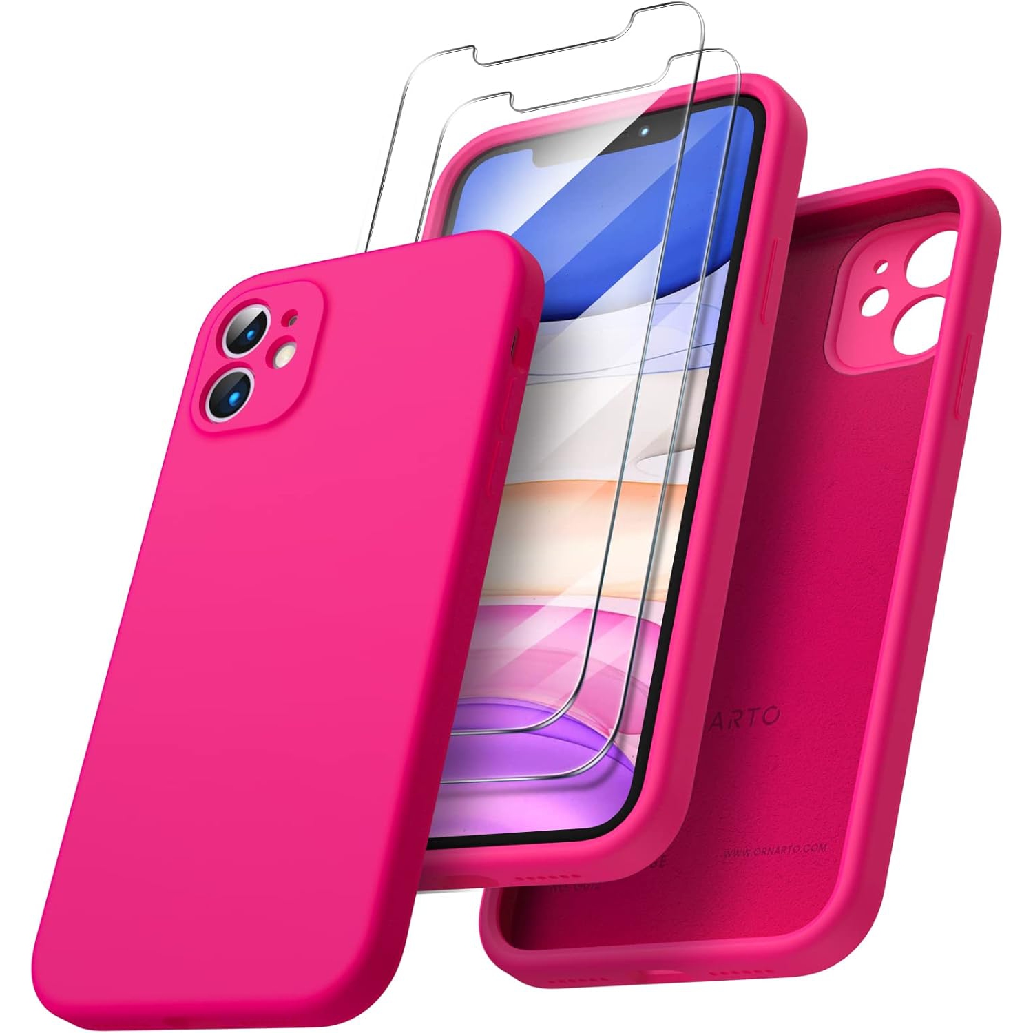 ORNARTO Compatible with iPhone 11 Case 6.1 inch, with 2 x Screen Protector Liquid Silicone Gel Ruber Cover [Square Edge] Shockproof Protective Phone