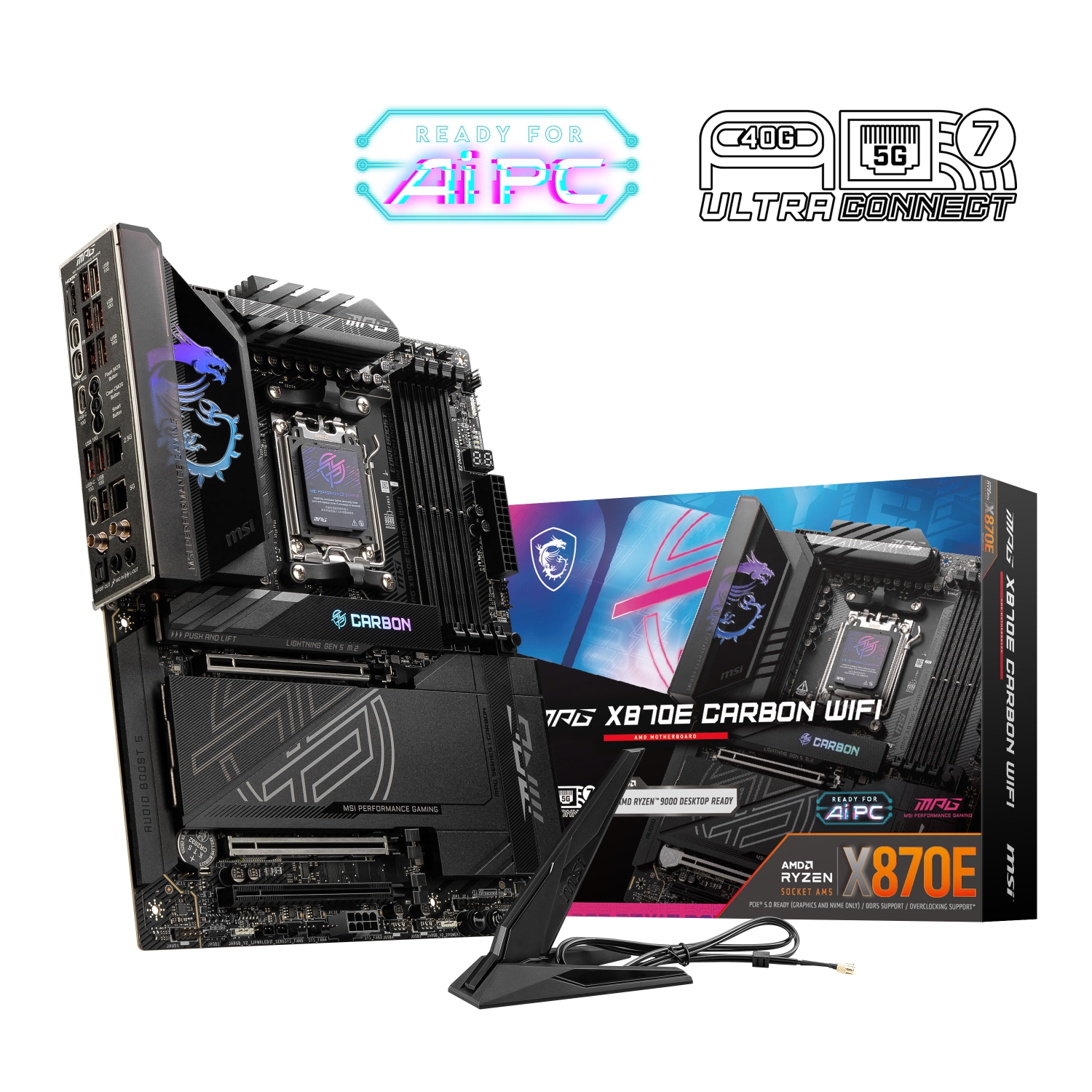 MSI MPG X870E CARBON Wi-Fi avec DDR5, 2x PCIe 5,0 x16, 4x fentes M.2, 7,1 Audio, 5Gb + 2,5Gb LAN, Wi-Fi 7