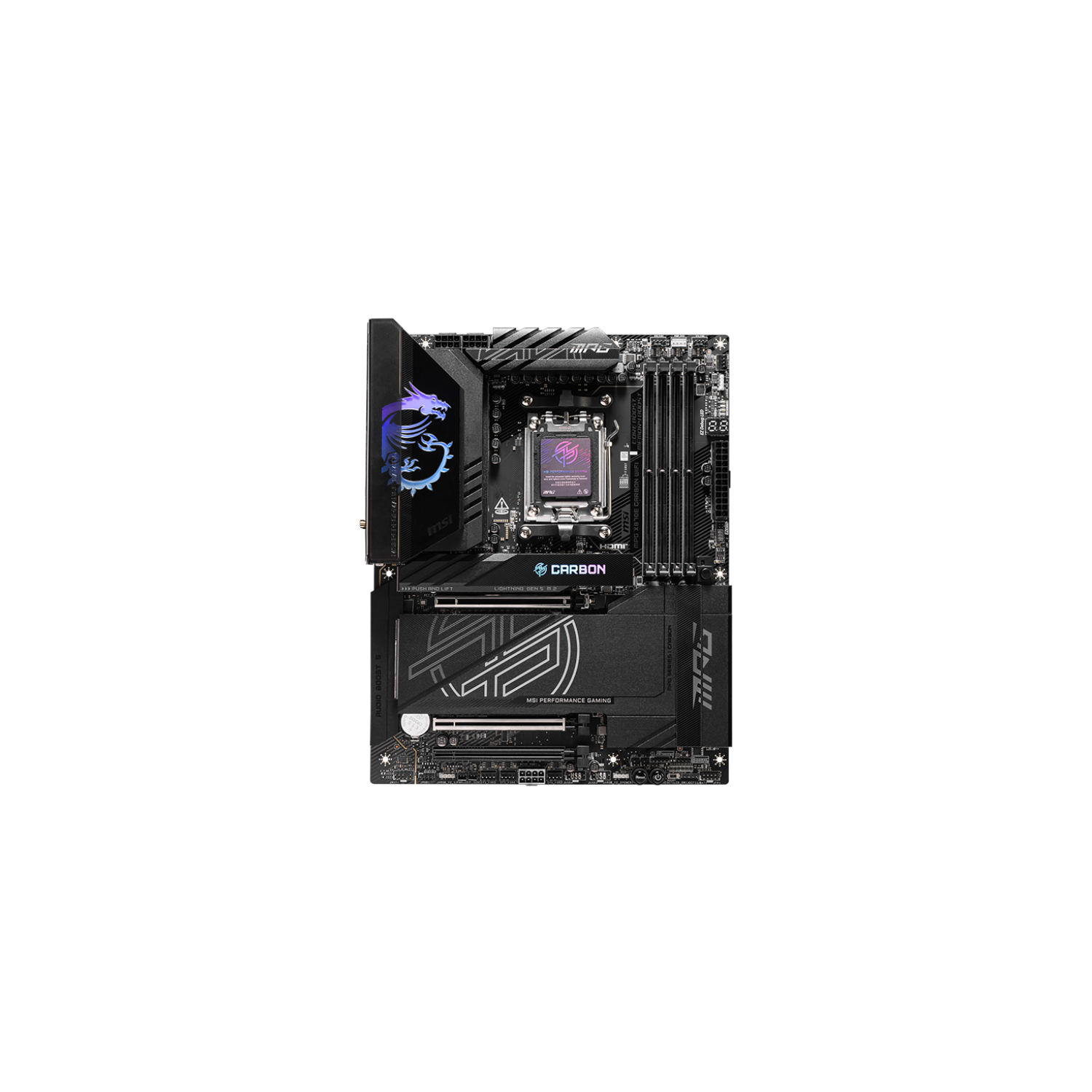 MSI MPG X870E CARBON Wi-Fi avec DDR5, 2x PCIe 5,0 x16, 4x fentes M.2, 7,1 Audio, 5Gb + 2,5Gb LAN, Wi-Fi 7