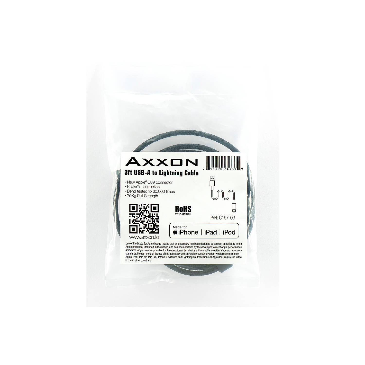 AxxonPremier Kevlar Lightning to USB A Cable, MFi-Certified iPhone 3 ft Charging Cable
