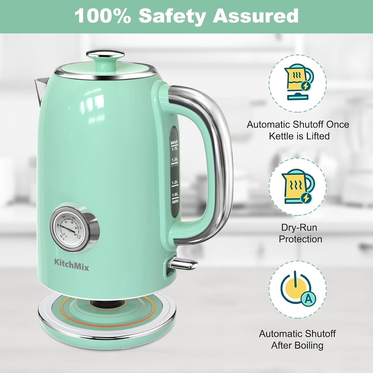 Bouilloires électriques Evoloop 1,7&nbsp;L, bouilloire à thé sans BPA, chauffe-eau, théière en acier inoxydable, arrêt automatique et protection