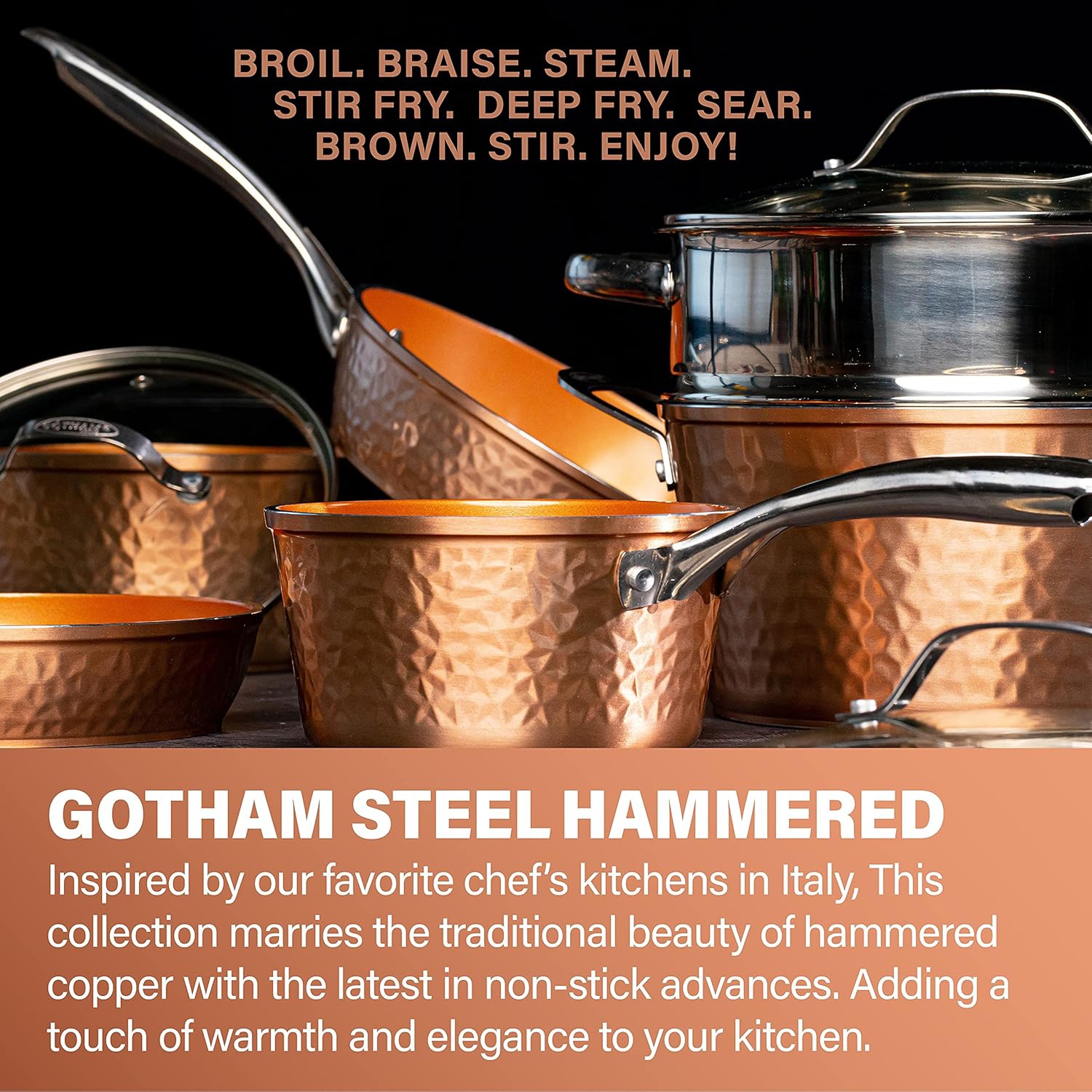 Gotham Steel Nonstick Hammered Copper Collection – 2.5 Quart Sauce Pan with Lid, Premium Cookware, Aluminum Composition with Induction Plate for Even