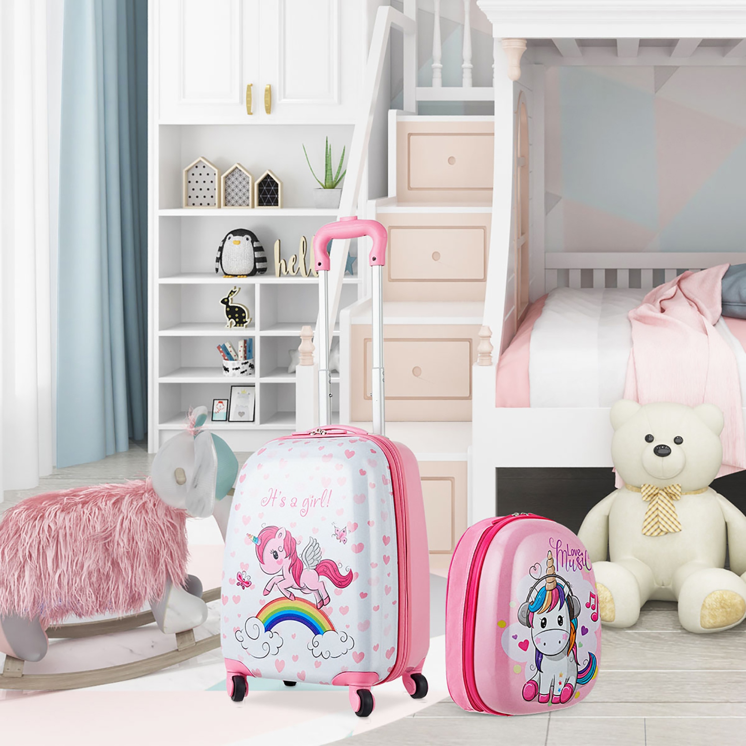 Ensemble de valises pour enfants 2 pièces de Costway 12" Sac à dos et 16" valise de cabine pour enfants pour garçons et filles