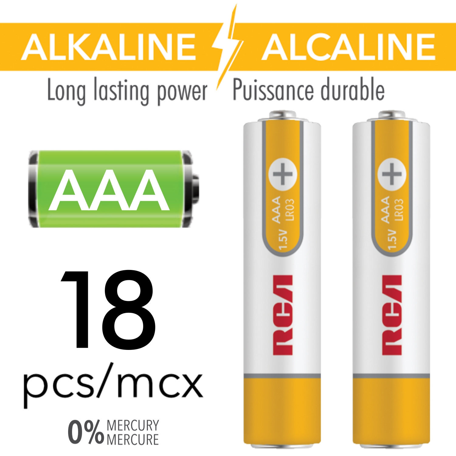 RCA - 18 Pack AAA Alkaline Batteries, Long Lasting Power, Mercury Free