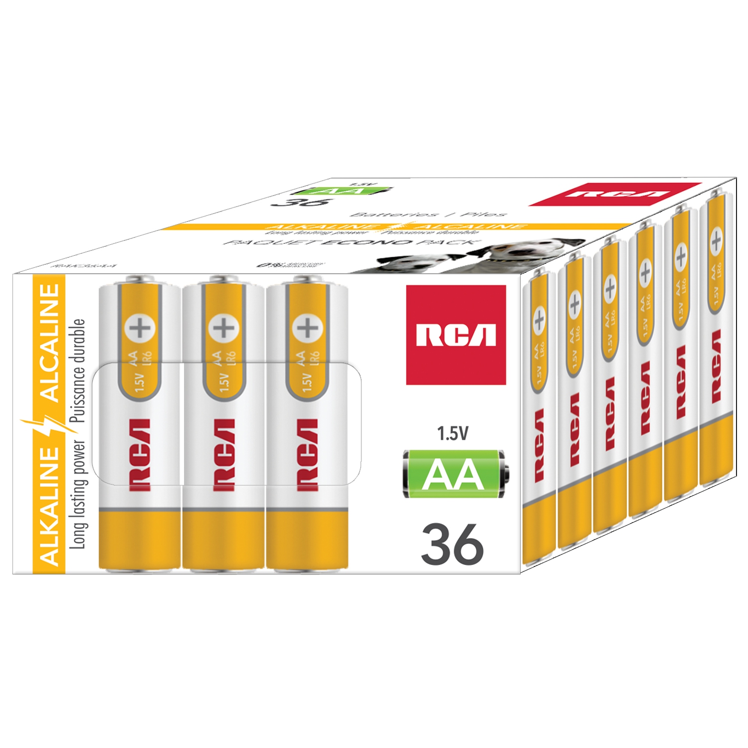 RCA - Paquet de 36 piles alcalines AA, alimentation longue durée, sans mercure
