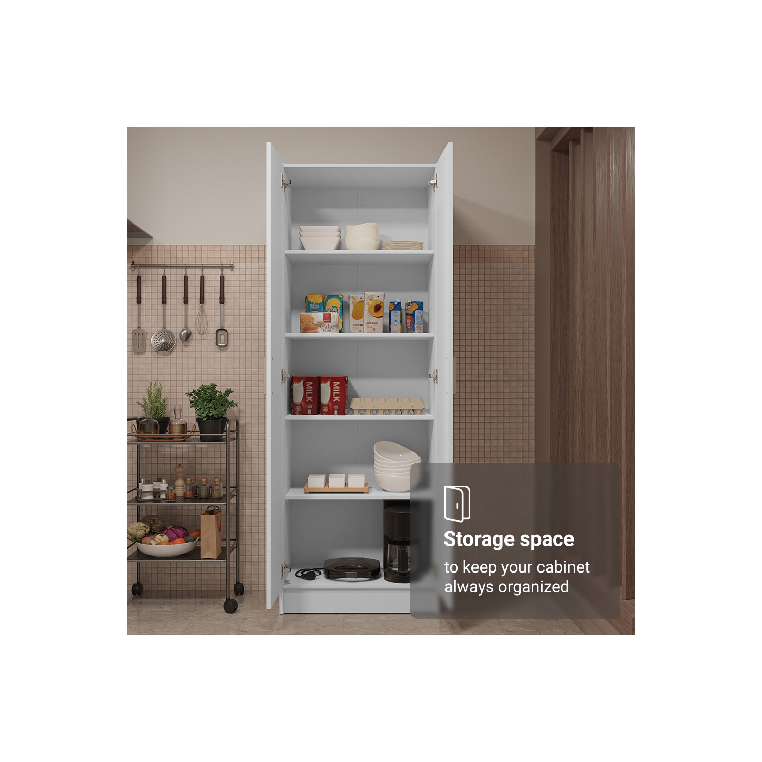 Madesa Kitchen Pantry Storage Cabinet 2 Doors with 5 Utility Shelves 23"L Wooden Organization Unit for Kitchen - White
