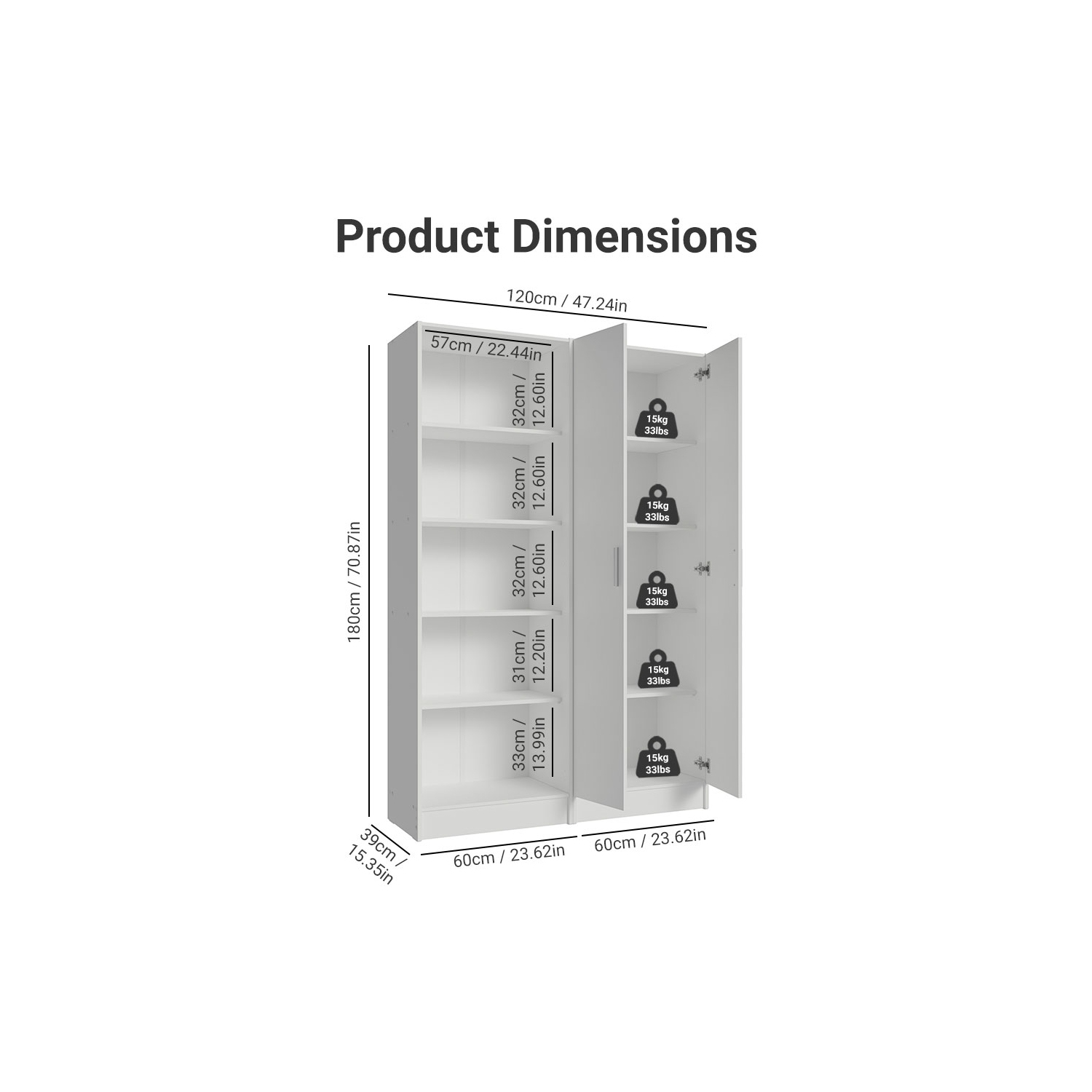 Armoire garde-manger Madesa Kitchen Set 2 avec 5 tablettes utilitaires, unité de rangement en bois de 23&nbsp;po de long pour la cuisine - Blanc