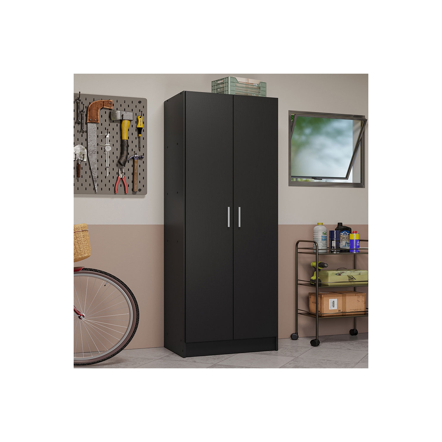 Armoire garde-manger de garage Madesa, 2 portes, 5 tablettes utilitaires, unité de rangement en bois de 23 po de long pour garage - Noir