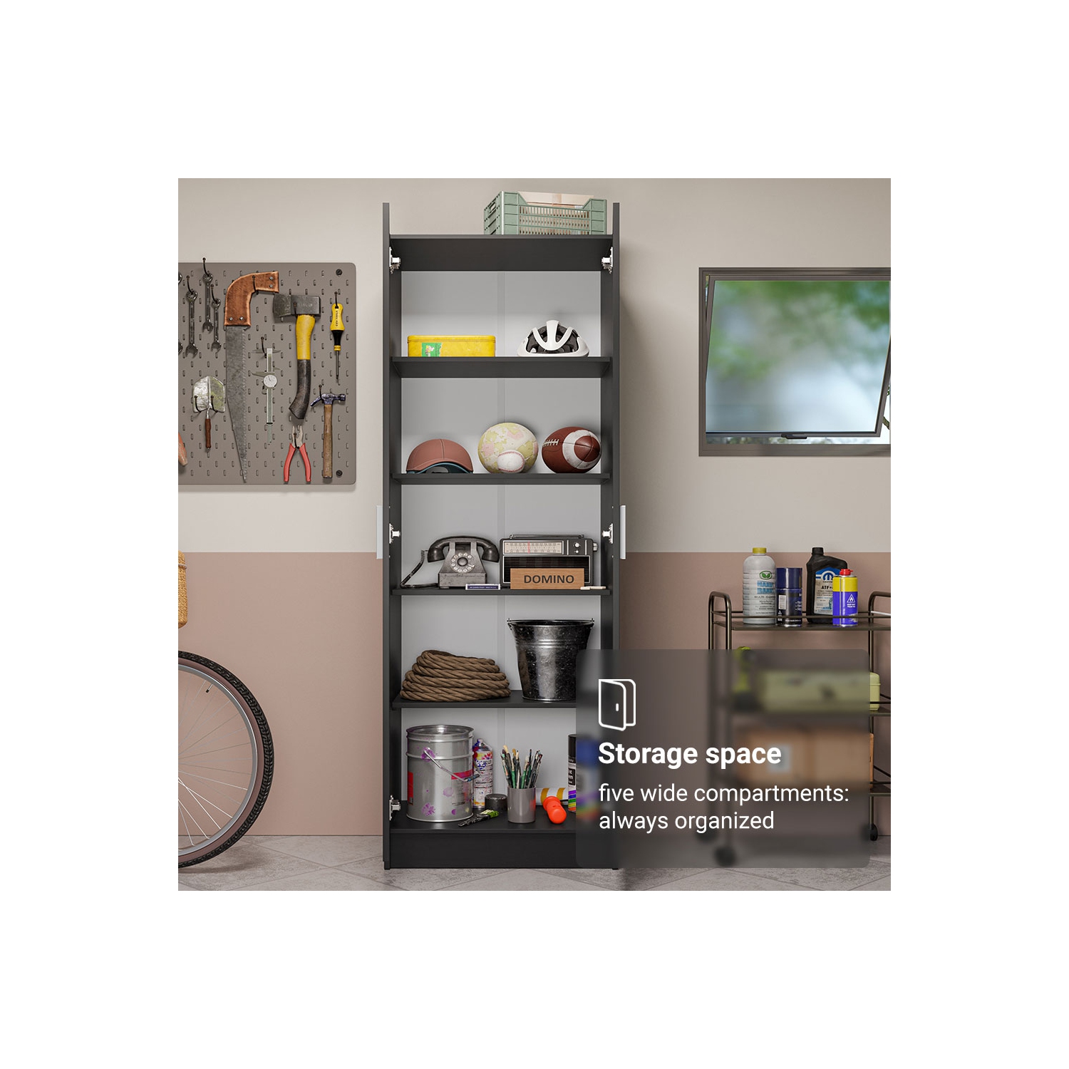 Armoire garde-manger de garage Madesa, 2 portes, 5 tablettes utilitaires, unité de rangement en bois de 23 po de long pour garage - Noir