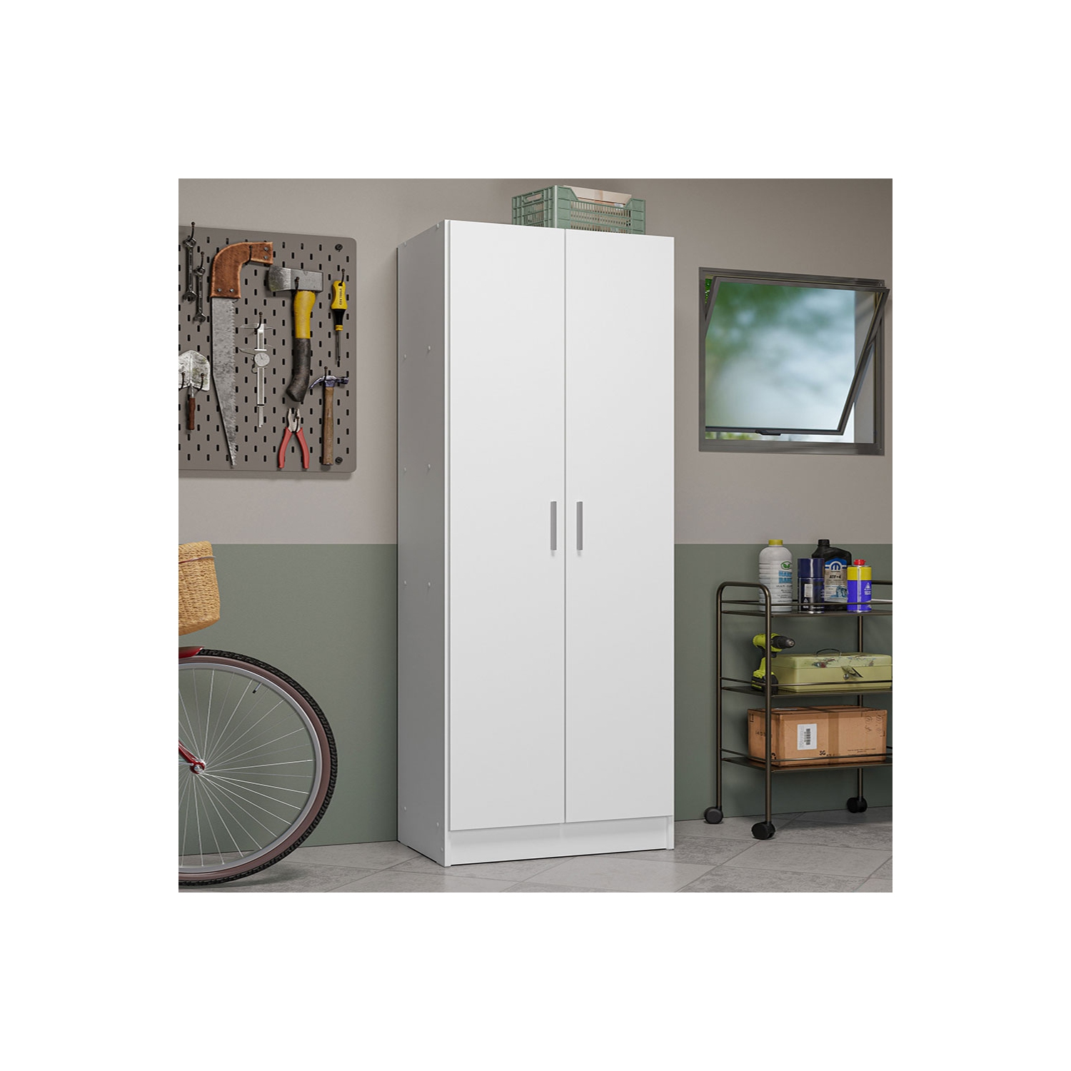 Madesa Garage Pantry Storage Cabinet 2 Doors with 5 Utility Shelves 23"L Wooden Organization Unit for Garage - White