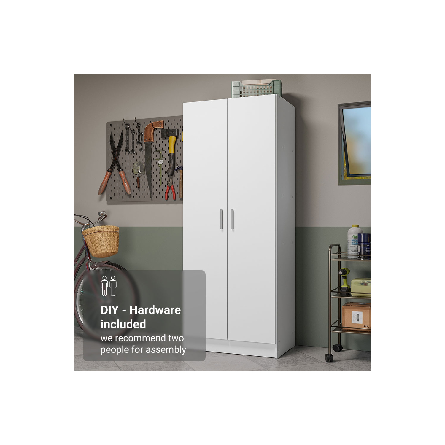 Madesa Garage Pantry Storage Cabinet 2 Doors with 5 Utility Shelves 23"L Wooden Organization Unit for Garage - White