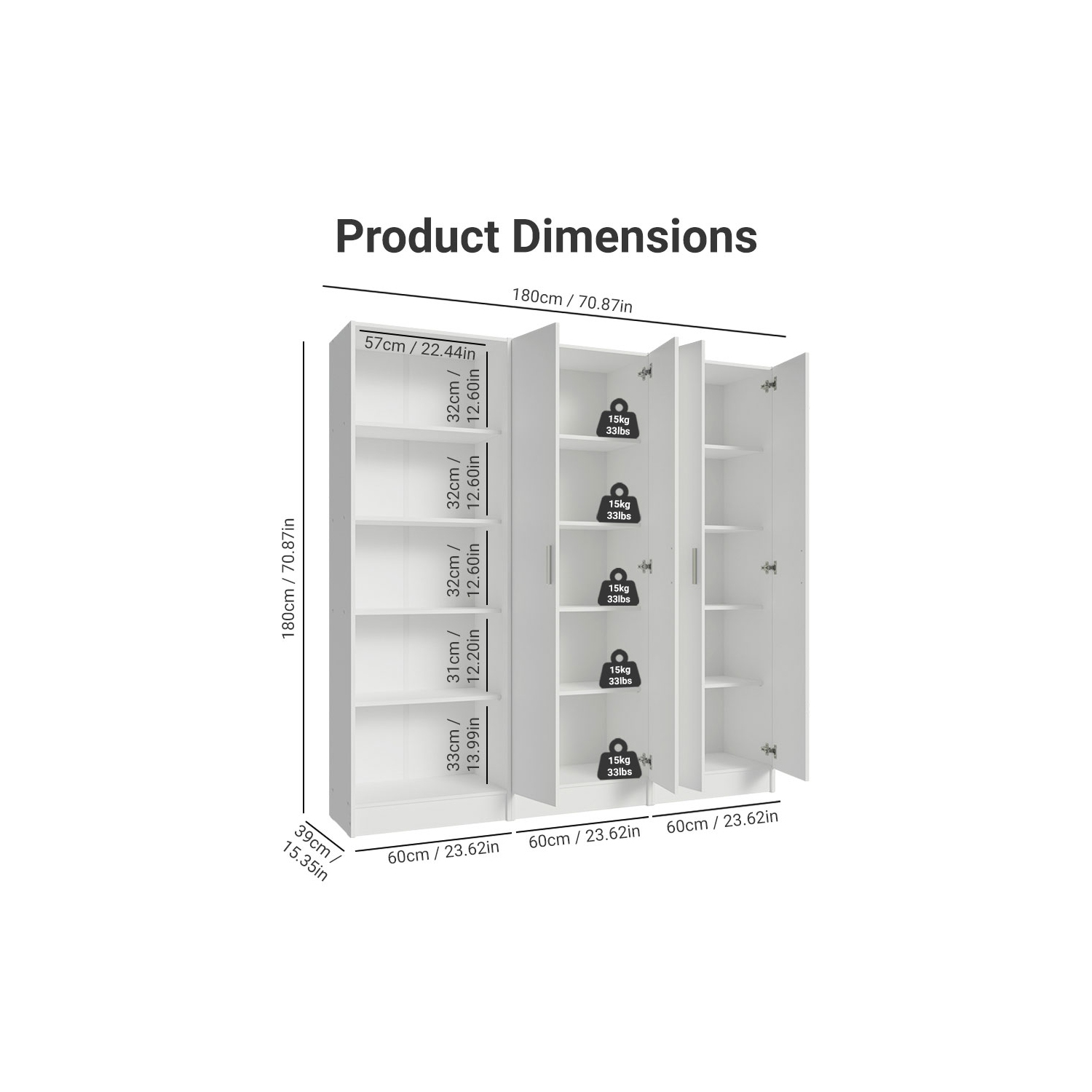 Madesa Garage Set 3 Pantry Storage Cabinet with 5 Utility Shelves 23"L Wooden Organization Unit for Garage - White