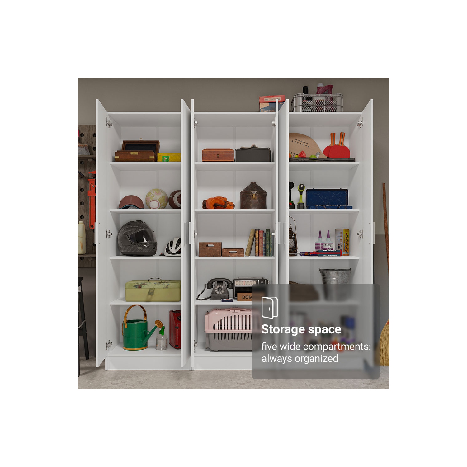 Madesa Garage Set 3 Pantry Storage Cabinet with 5 Utility Shelves 23"L Wooden Organization Unit for Garage - White