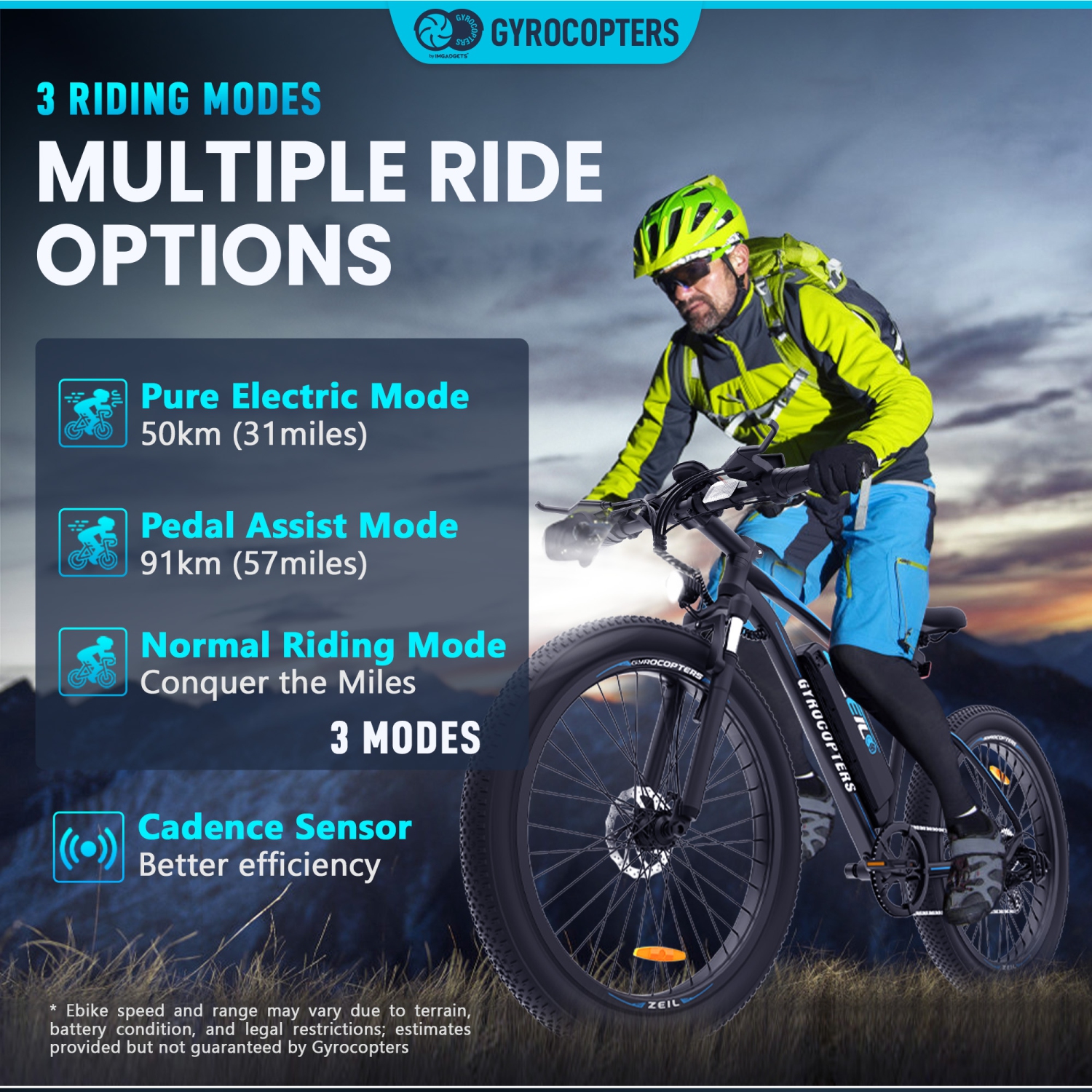 Vélo électrique de montagne à gros pneus ZEIL de Gyrocopters pour adultes avec moteur 500&nbsp;W | Pneus 27.5* 3” | Vitesse jusqu'à 40&nbsp;km/h |