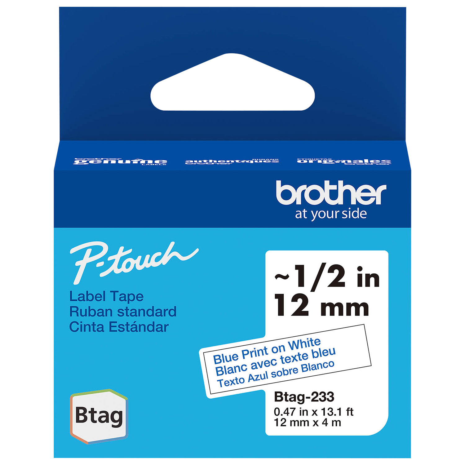 Brother Genuine Btag Non-Laminated ~1/2" Blue on White Label Tape (BTAG233)