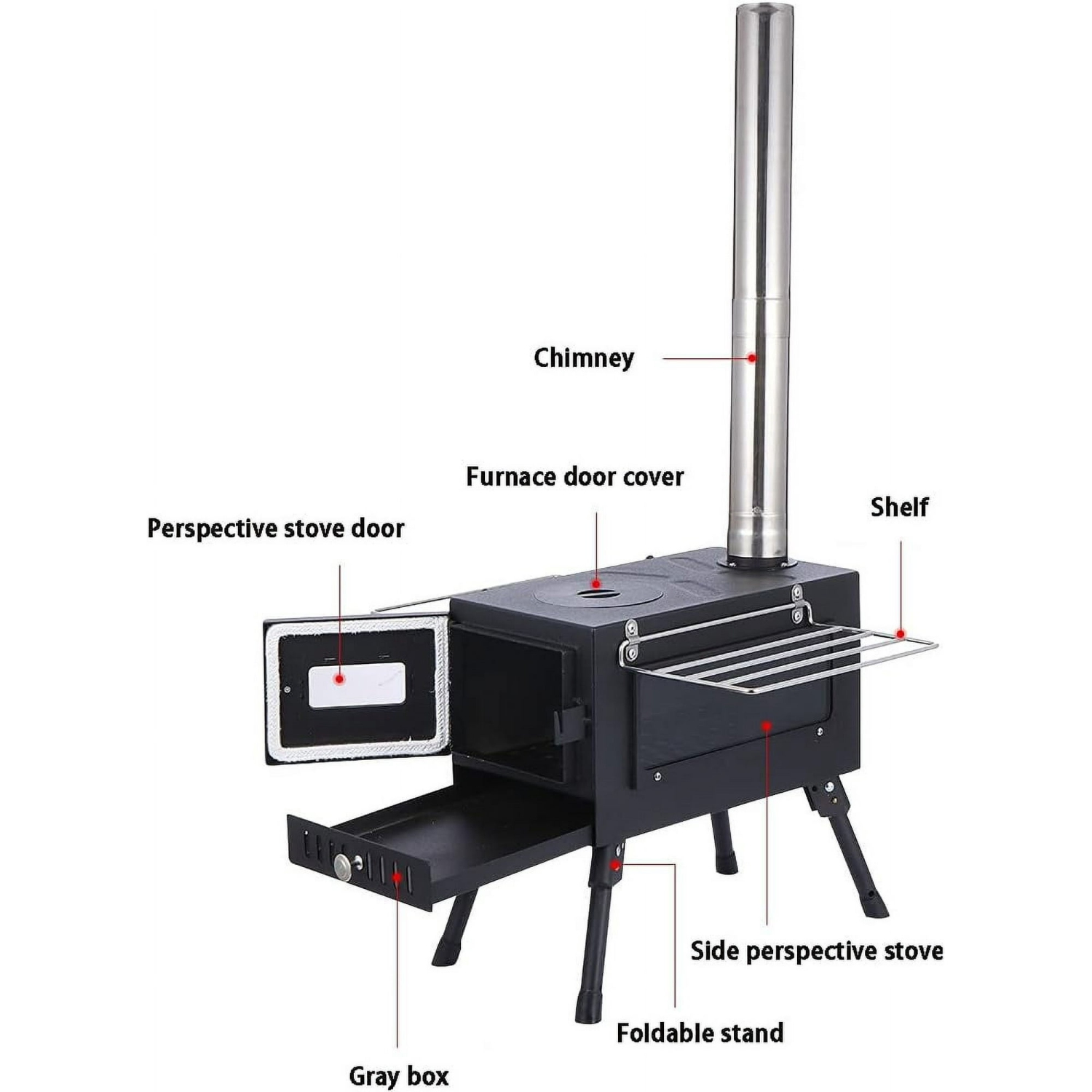 TOPTENG Camping Tent Stove, Large Tent Wood Stove with Window and 6 Chimney Pipe, Outdoor Portable Wood Burning Stove for Camping Hiking Cooking