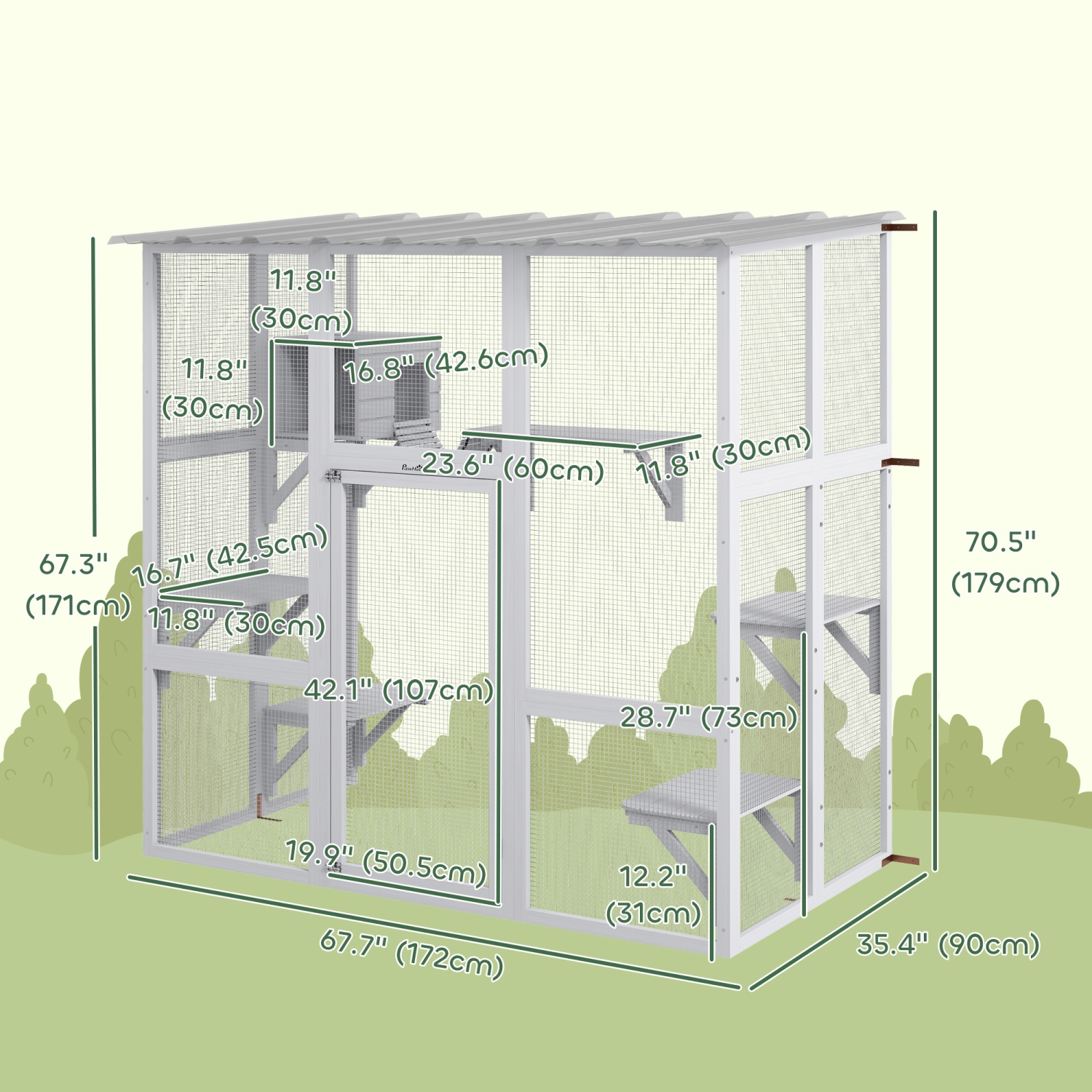 Avec cage pour chats d'extérieur Catio de PawHut, grande maison en bois de 71&nbsp;po avec condo, plateformes de saut, pont, toit étanche, cage pour