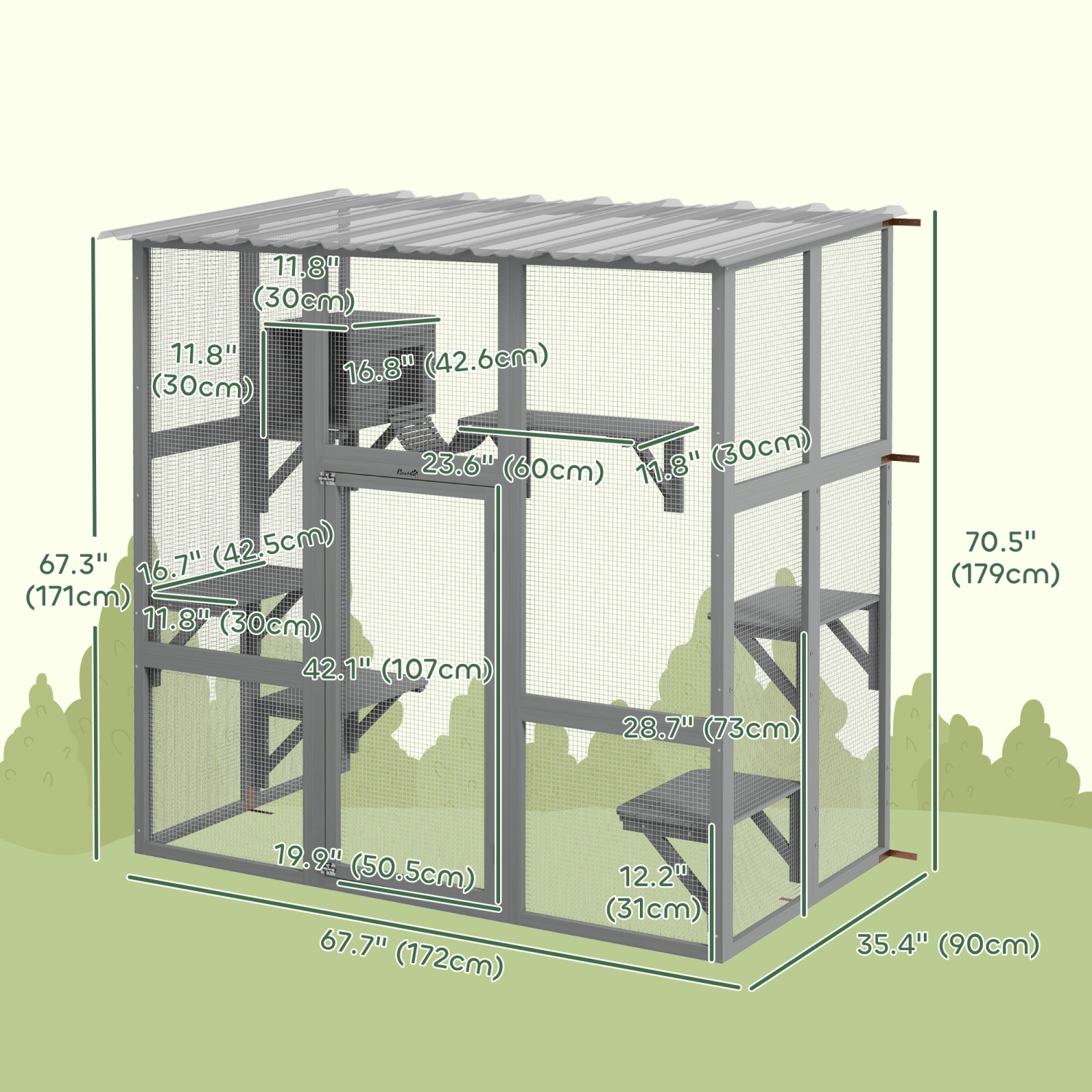 Avec enceinte pour chats d'extérieur Catio de PawHut, grande maison en bois de 71&nbsp;po avec condo, plateformes de saut, pont, toit étanche, cage