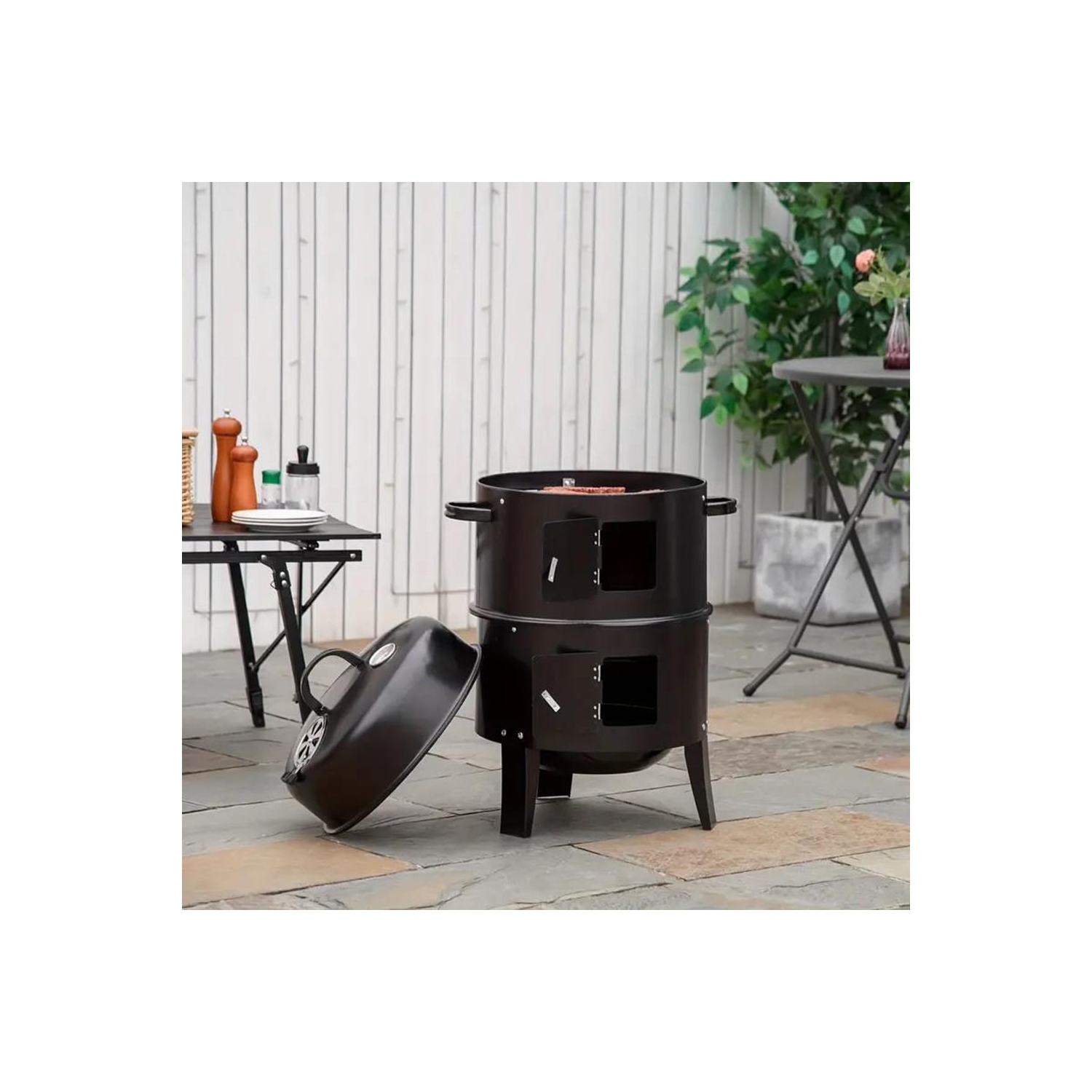 TOPTENG Vertical Charcoal BBQ Smoker, 3-in-1 16" Round Charcoal Barbecue Grill with 2 Cooking Area, and Thermometer for Outdoor Camping Picnic